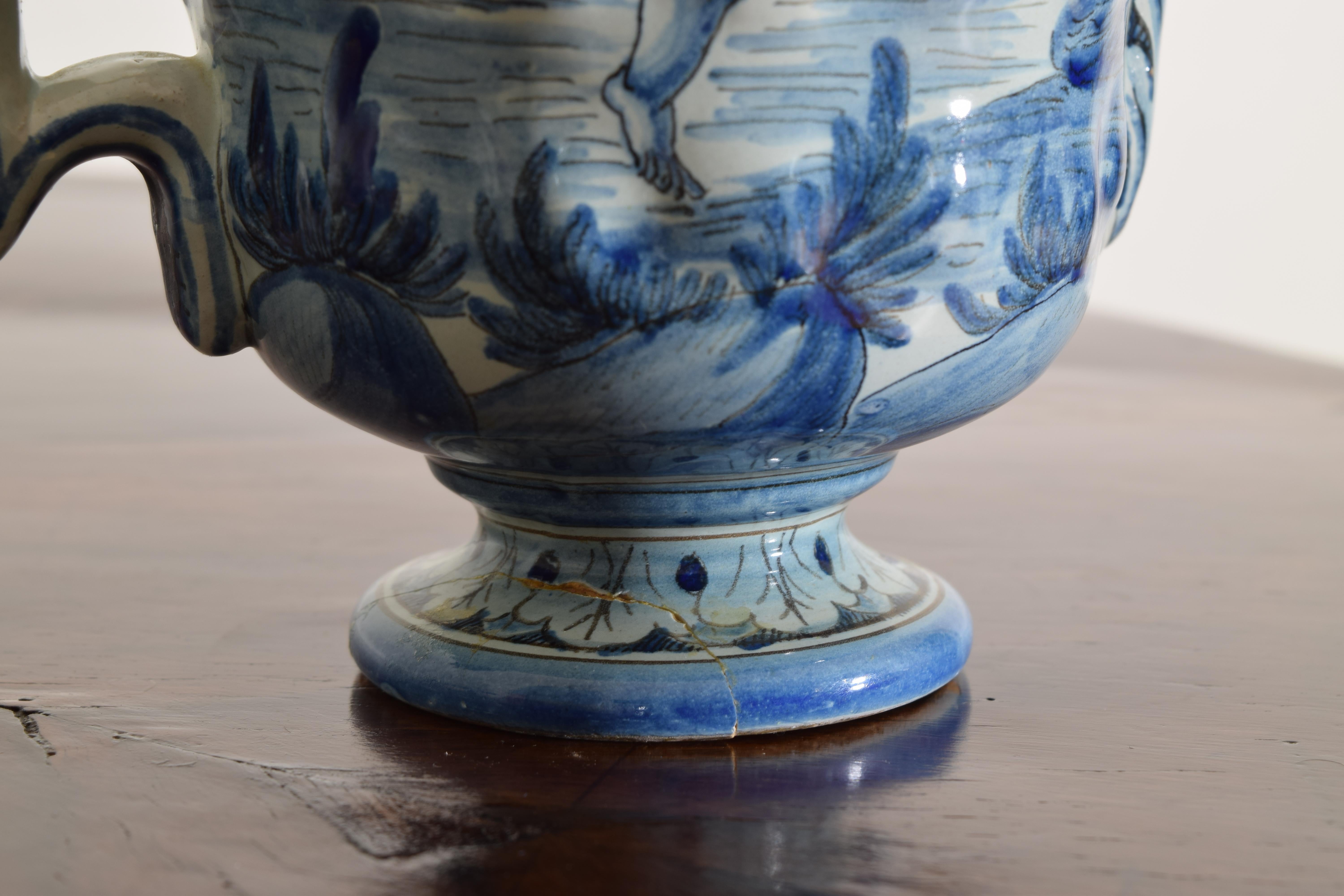 19th Century Italian Blue and White Cantagalli Majolica Pitcher or Vase In Fair Condition For Sale In Atlanta, GA