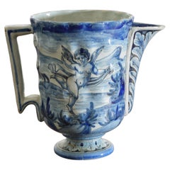 Antique 19th Century Italian Blue and White Cantagalli Majolica Pitcher or Vase