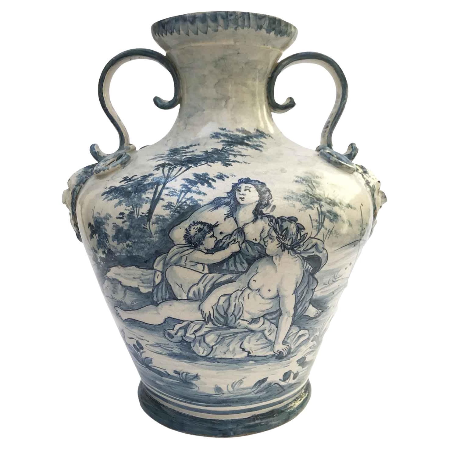 19th Century Italian Blue and White Maiolica Savona Vase 