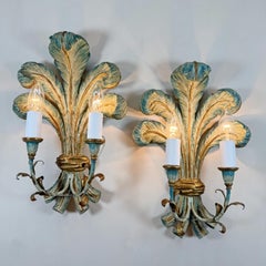 19th Century Italian Blue Polychrome Wooden Tole Ostrich Feather Wall Lights