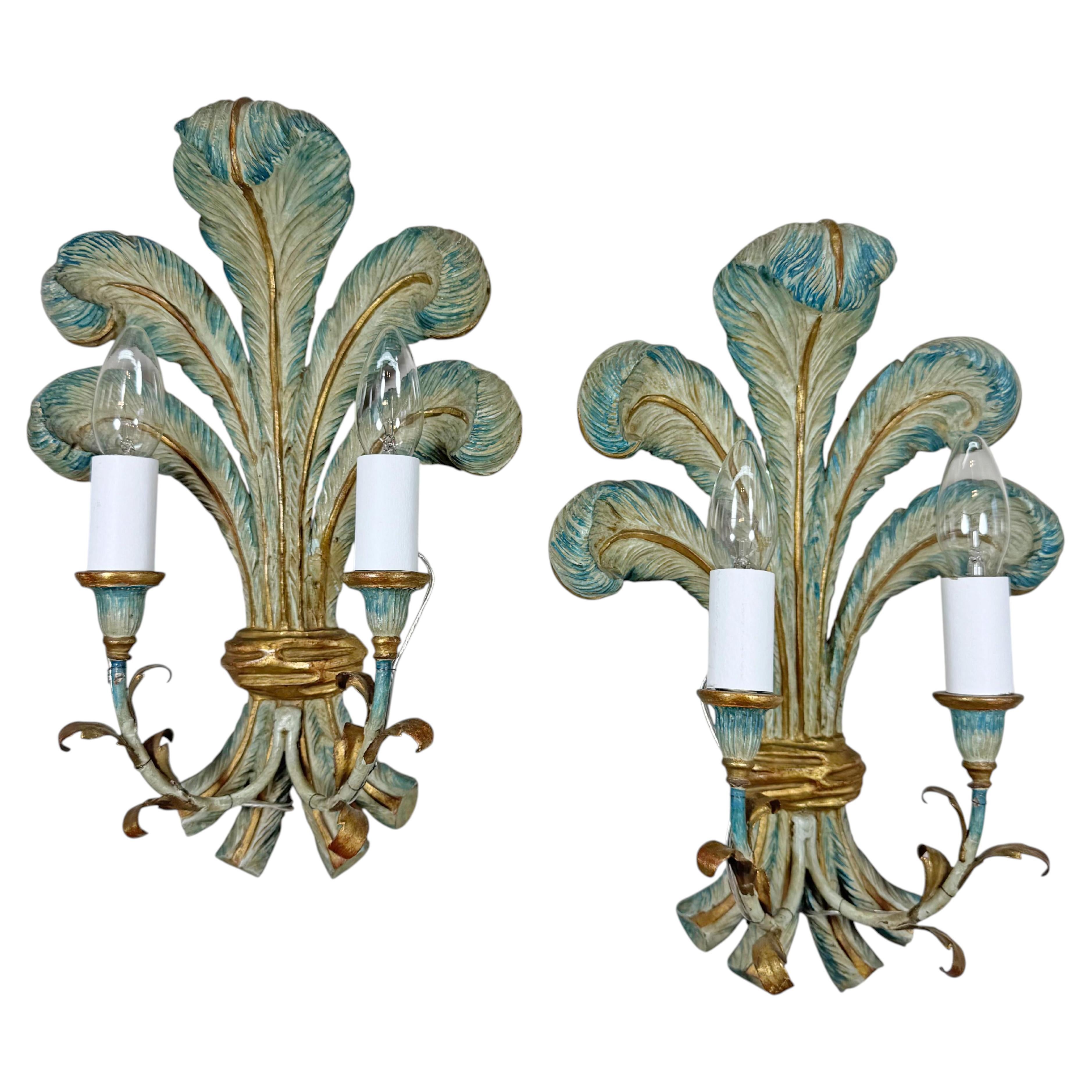 19th Century Italian Blue Polychrome Wooden Tole Ostrich Feather Wall Lights For Sale