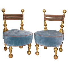 19th Century Italian Blue Velvet and Gilt Slipper Chairs