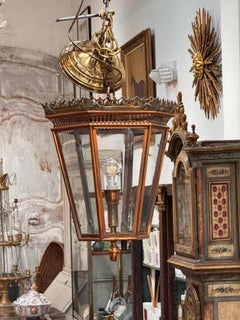19th Century Italian brass and copper wall lantern with beveled glass panels