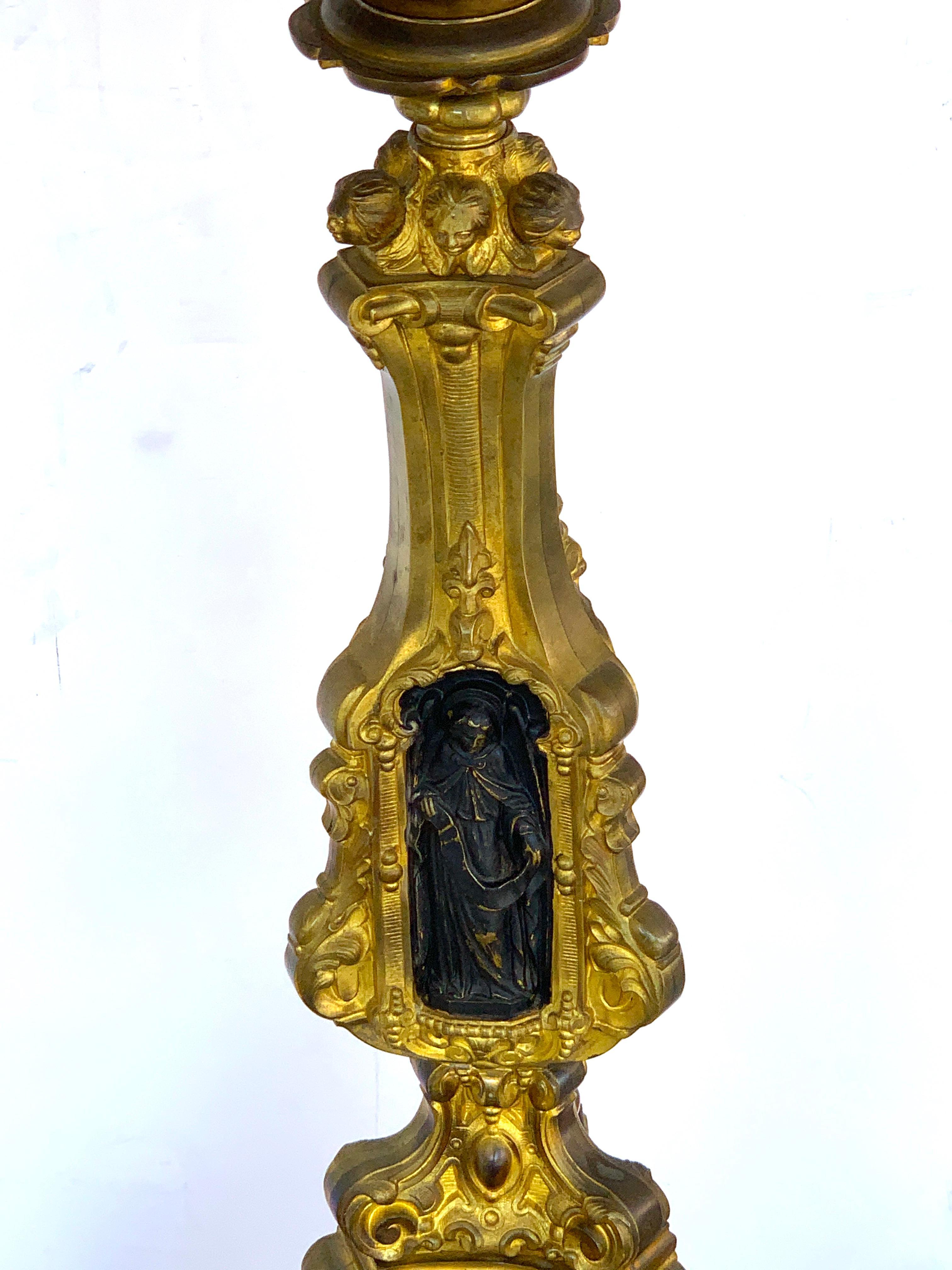 19th Century Italian Bronze Altar Candlestick, Custom Shade, Now Electrified For Sale 2