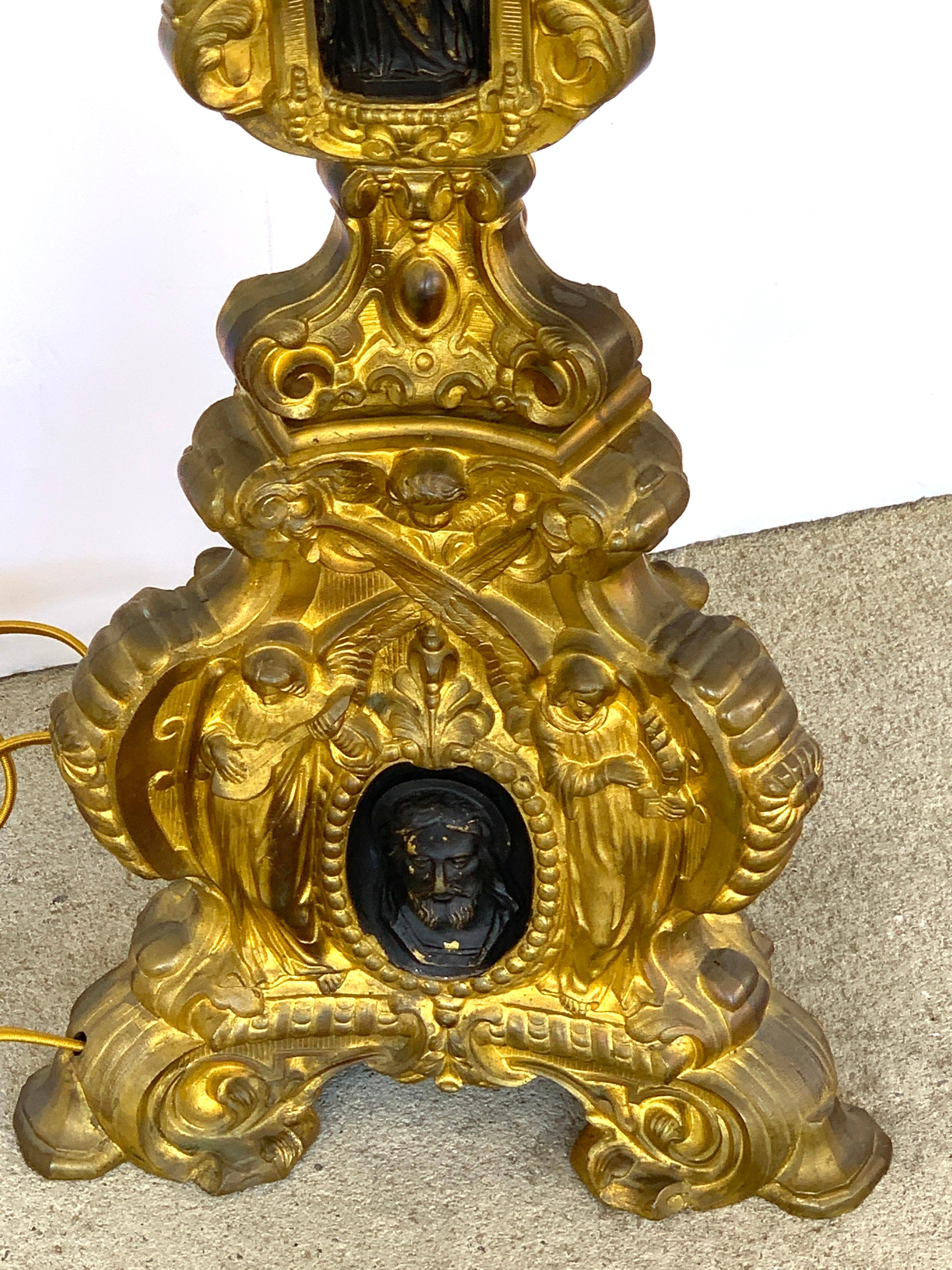19th Century Italian Bronze Altar Candlestick, Custom Shade, Now Electrified For Sale 9