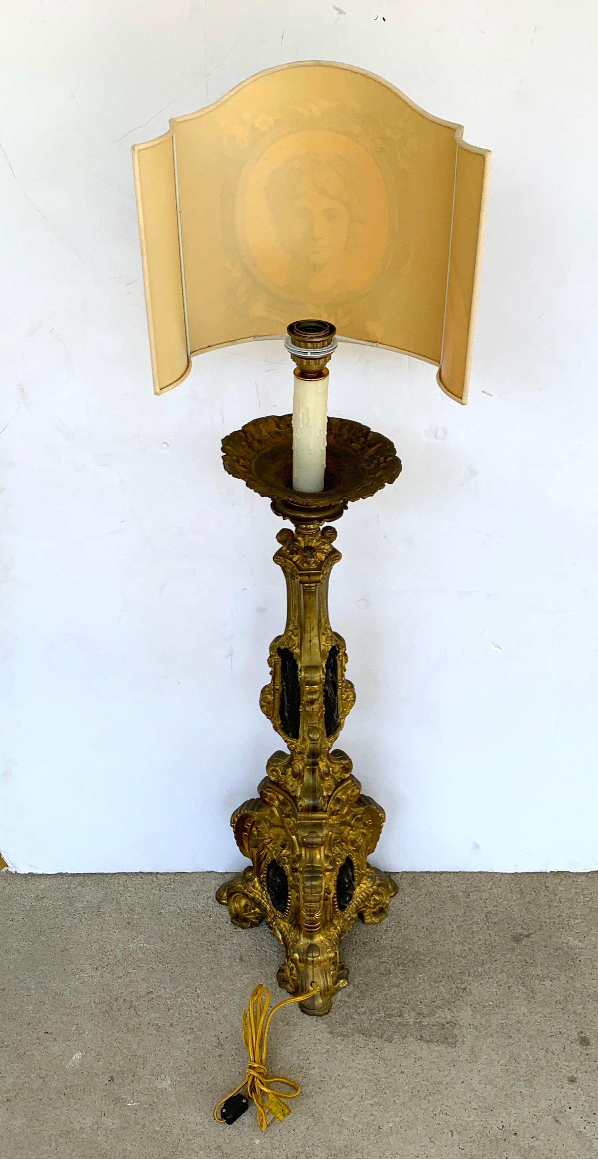 19th Century Italian Bronze Altar Candlestick, Custom Shade, Now Electrified For Sale 7