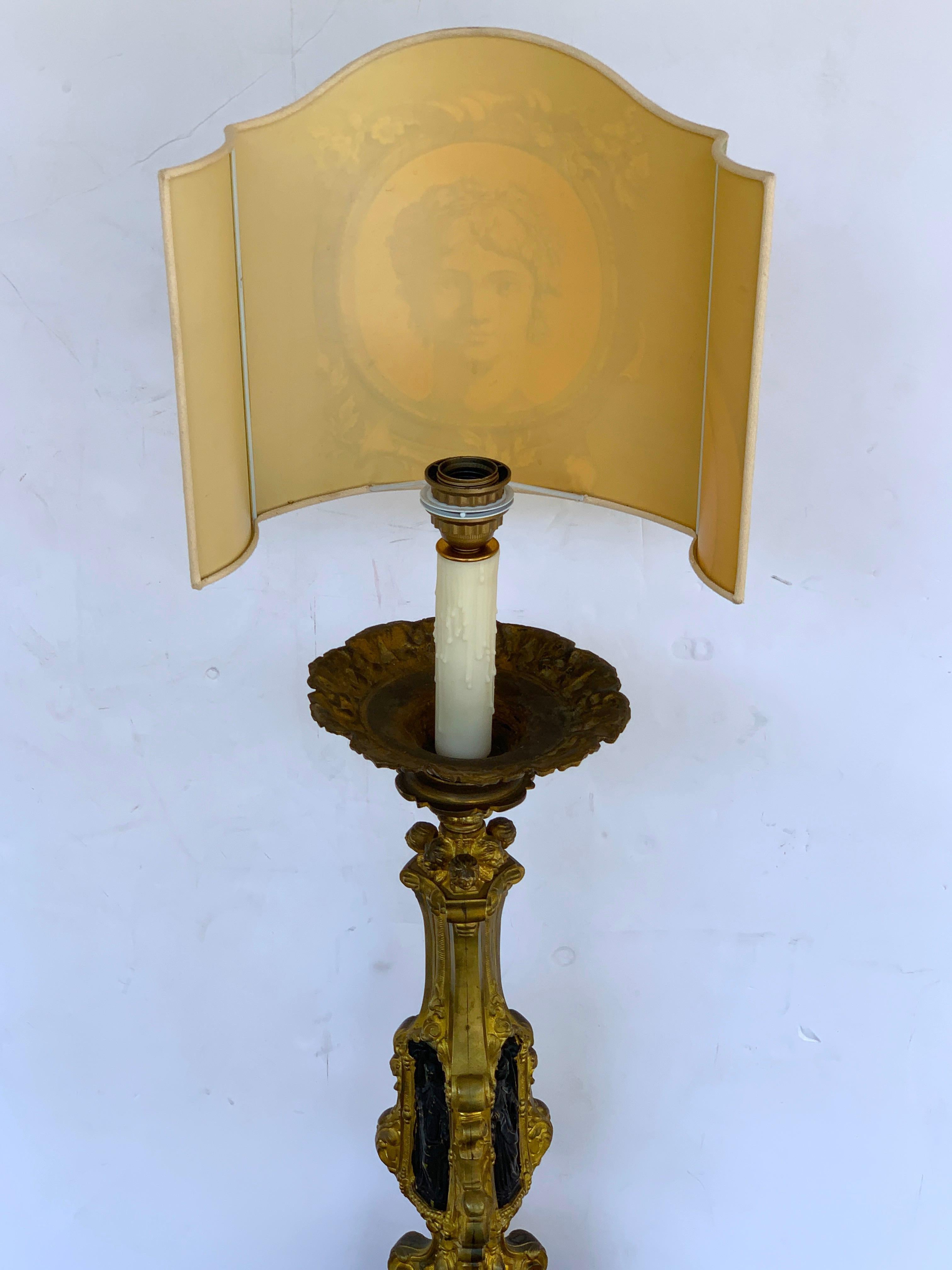 19th Century Italian Bronze Altar Candlestick, Custom Shade, Now Electrified For Sale 10