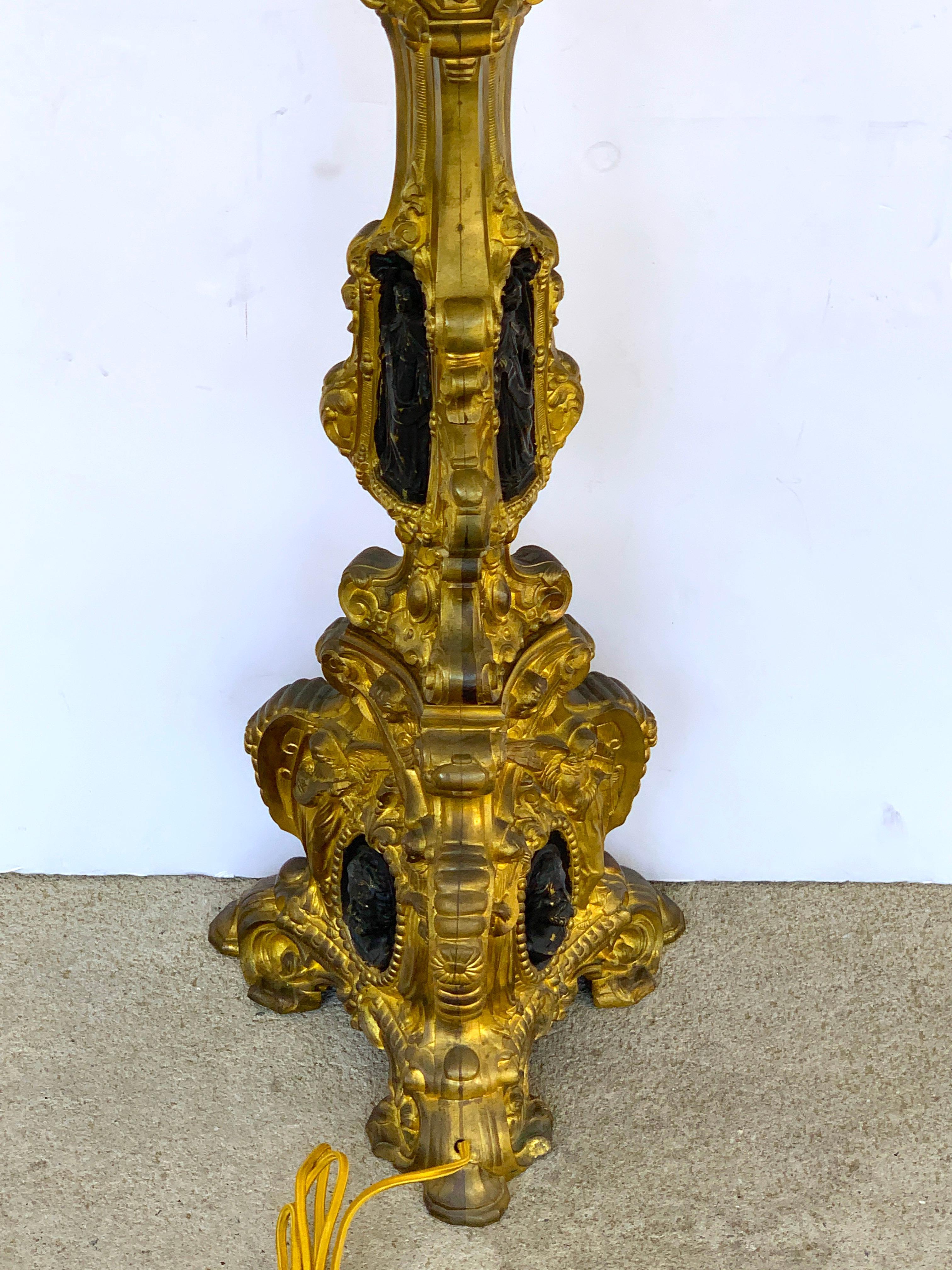 19th Century Italian Bronze Altar Candlestick, Custom Shade, Now Electrified For Sale 11