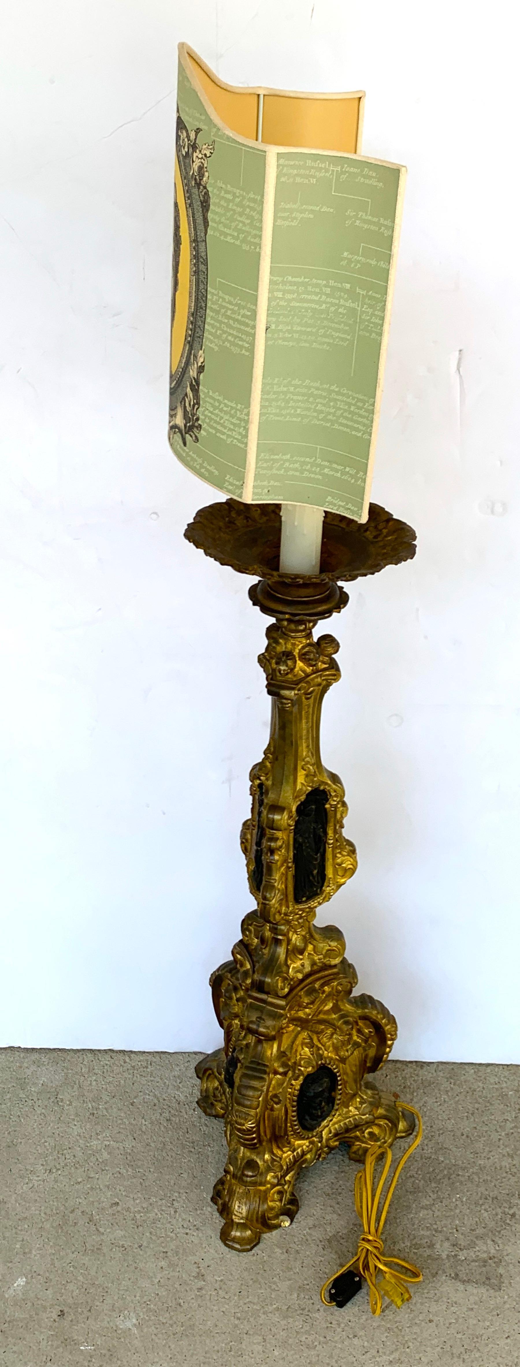 19th Century Italian Bronze Altar Candlestick, Custom Shade, Now Electrified For Sale 8