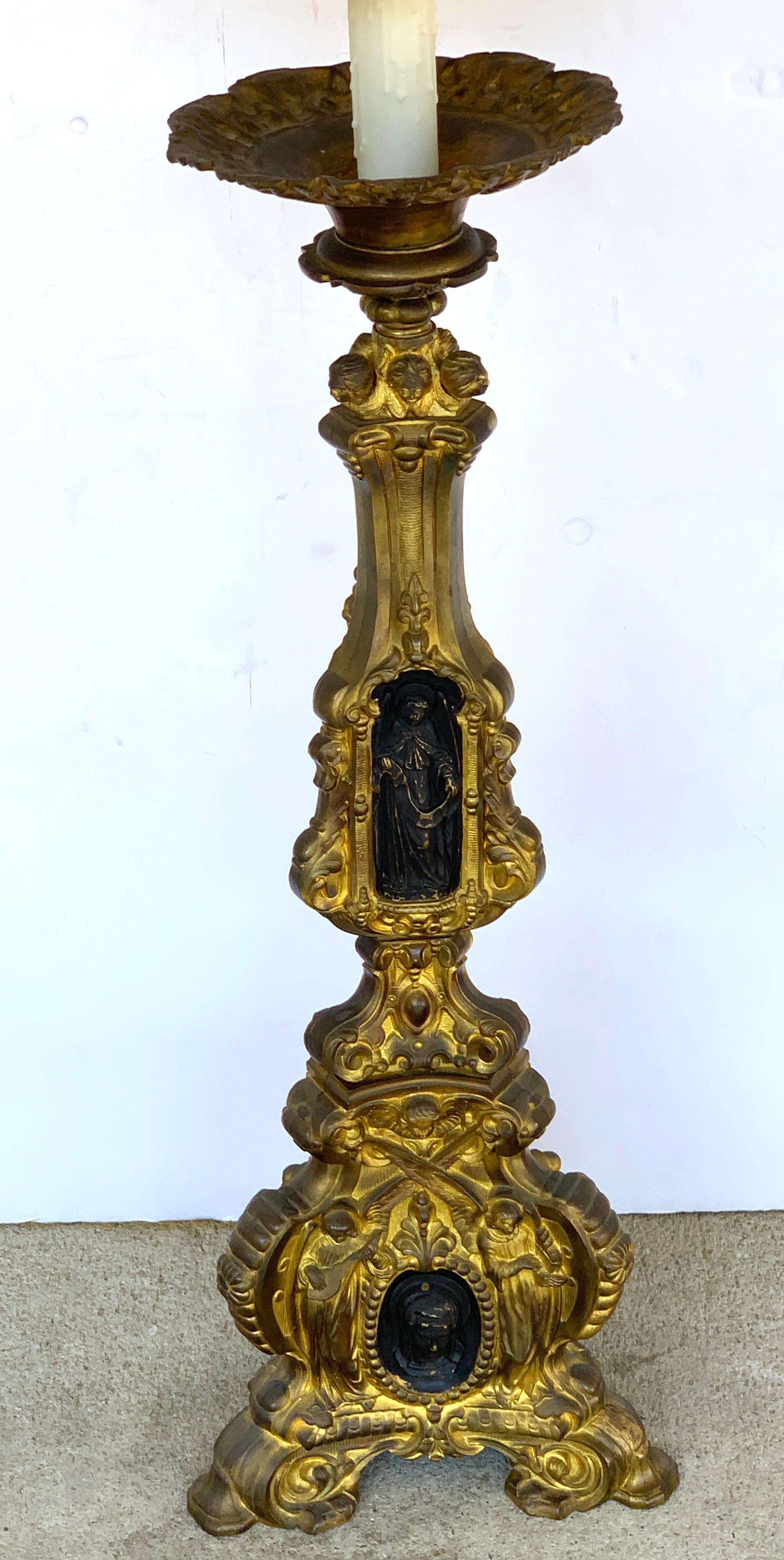 19th Century Italian Bronze Altar Candlestick, Custom Shade, Now Electrified In Good Condition For Sale In West Palm Beach, FL