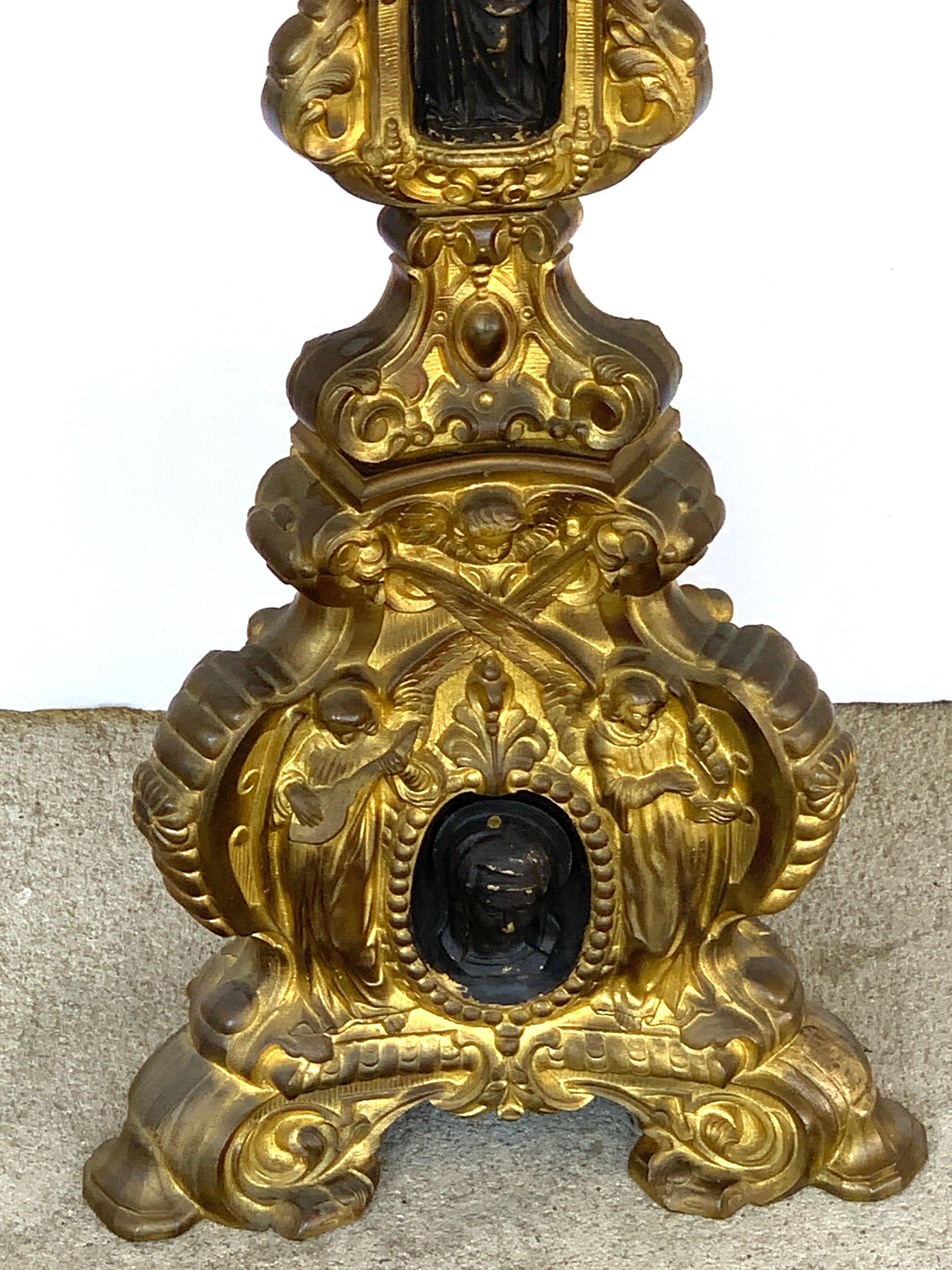 19th Century Italian Bronze Altar Candlestick, Custom Shade, Now Electrified For Sale 3