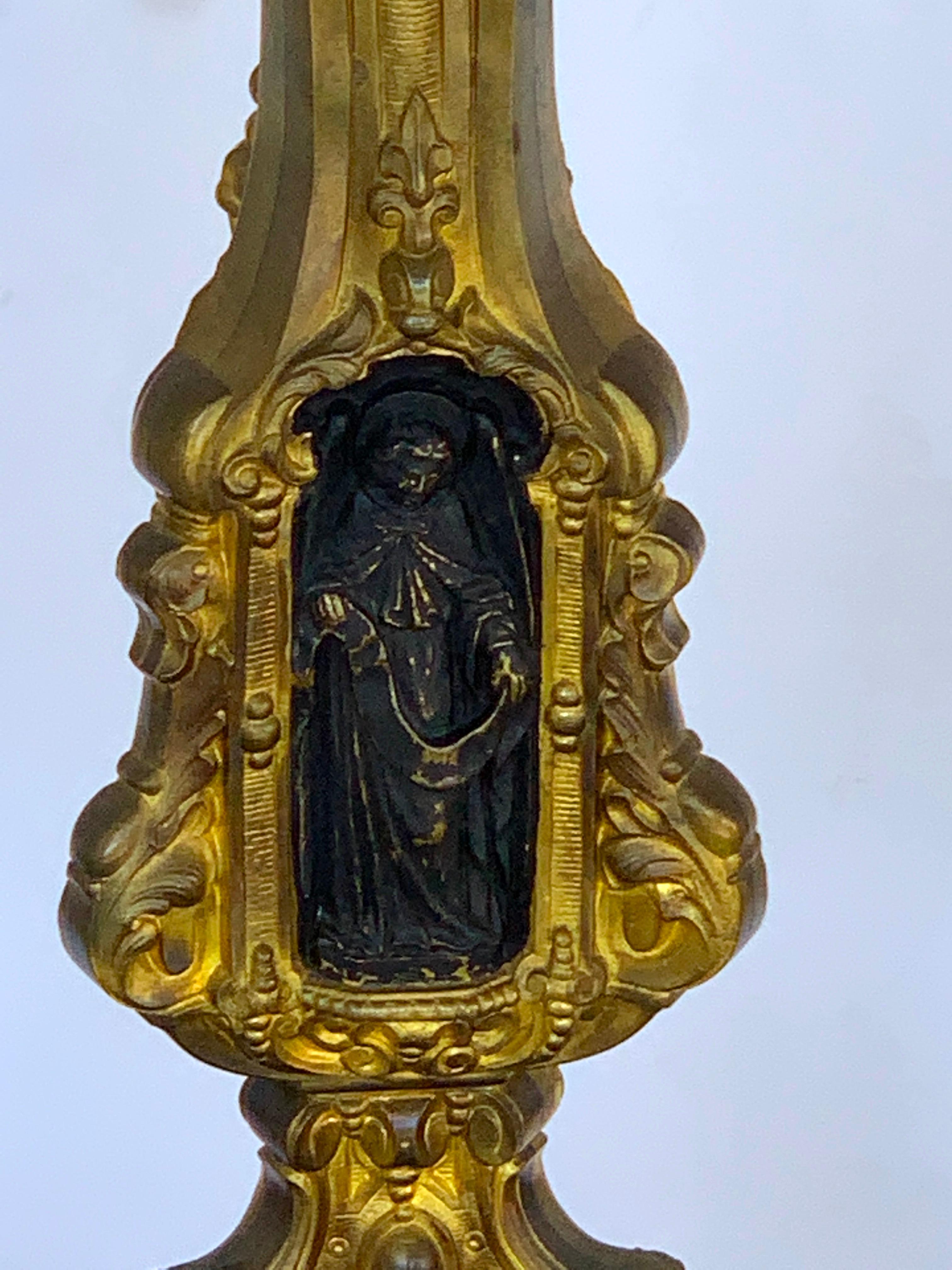 19th Century Italian Bronze Altar Candlestick, Custom Shade, Now Electrified For Sale 1