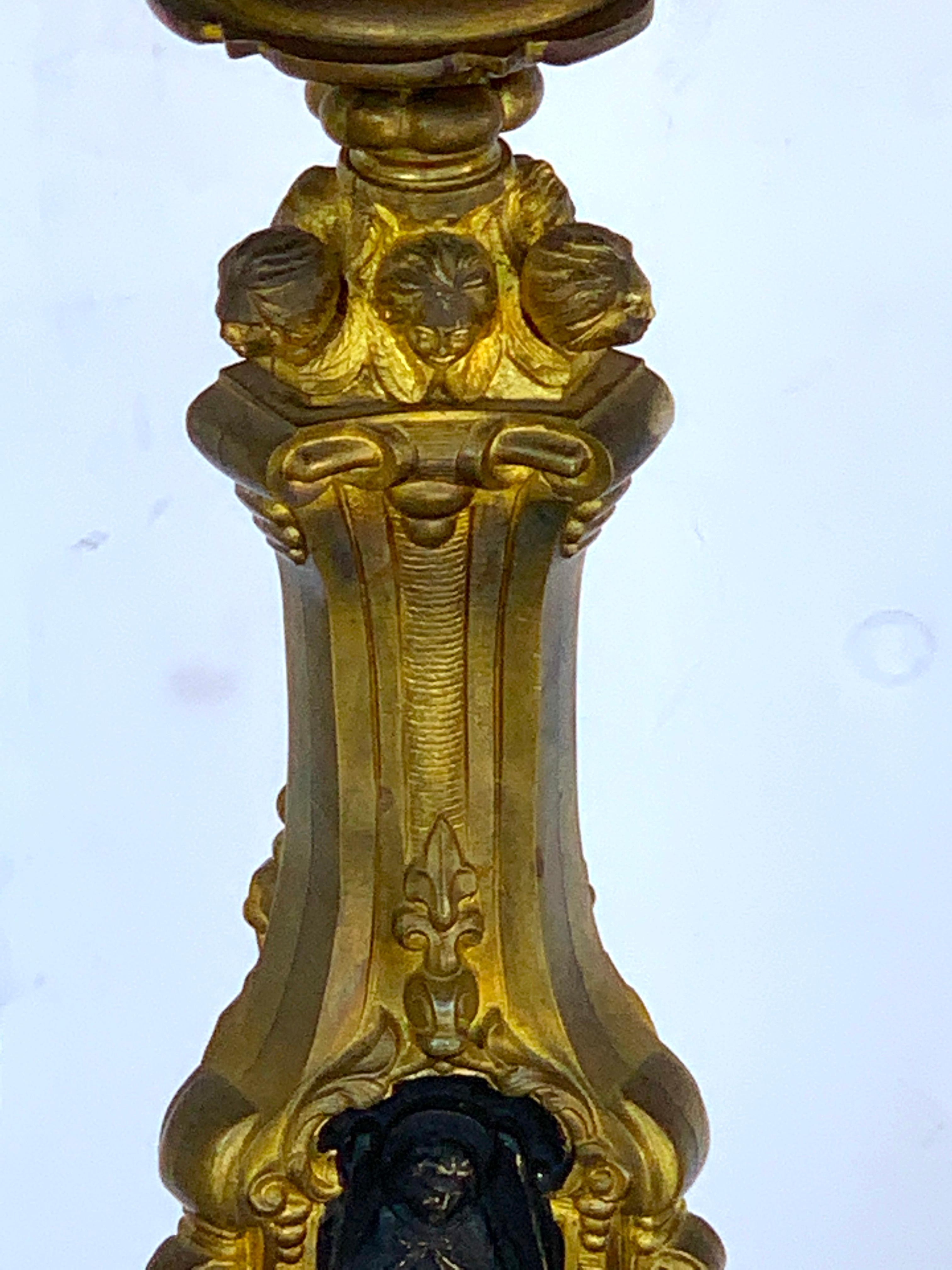 19th Century Italian Bronze Altar Candlestick, Custom Shade, Now Electrified For Sale 4