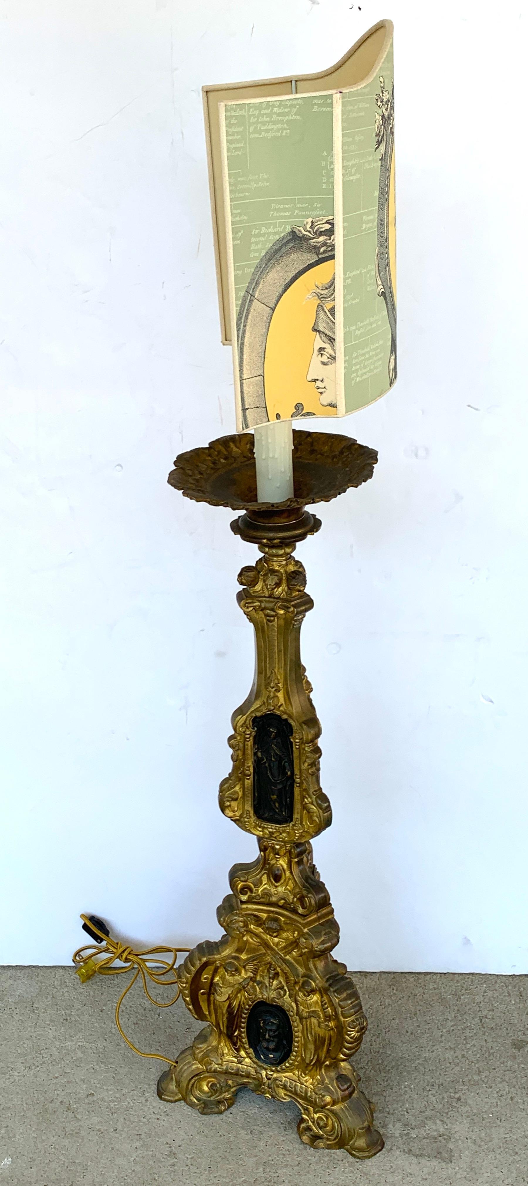 19th Century Italian Bronze Altar Candlestick, Custom Shade, Now Electrified For Sale 5