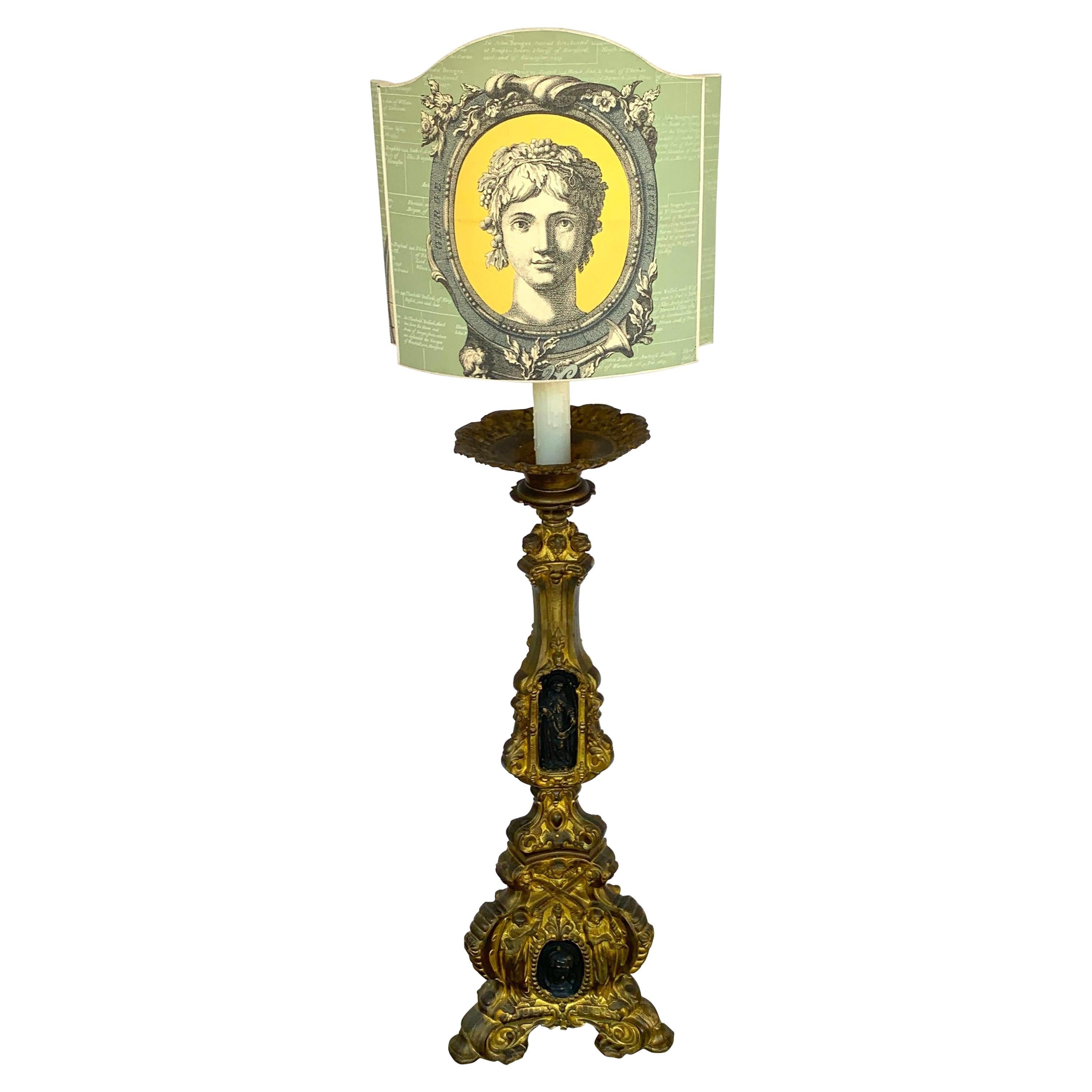 19th Century Italian Bronze Altar Candlestick, Custom Shade, Now Electrified