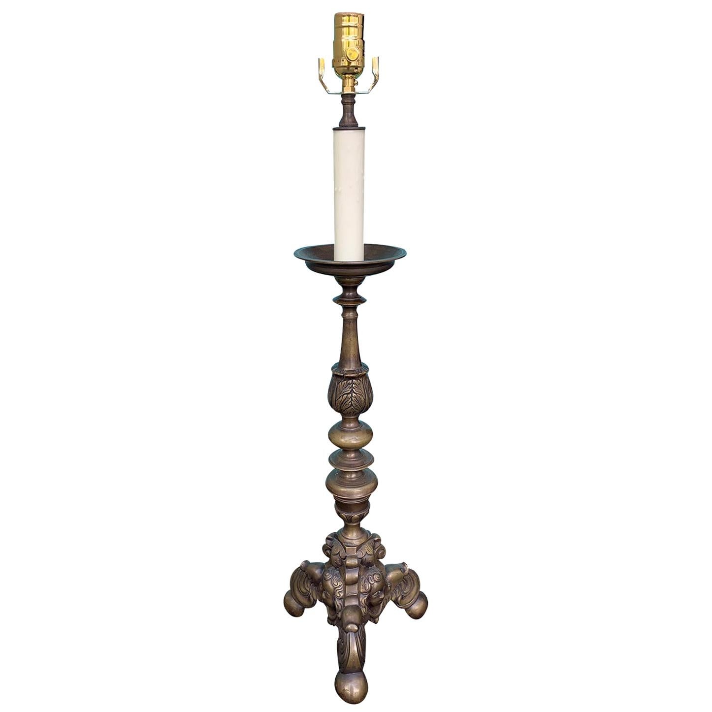 19th Century Italian Bronze Candlestick Lamp For Sale