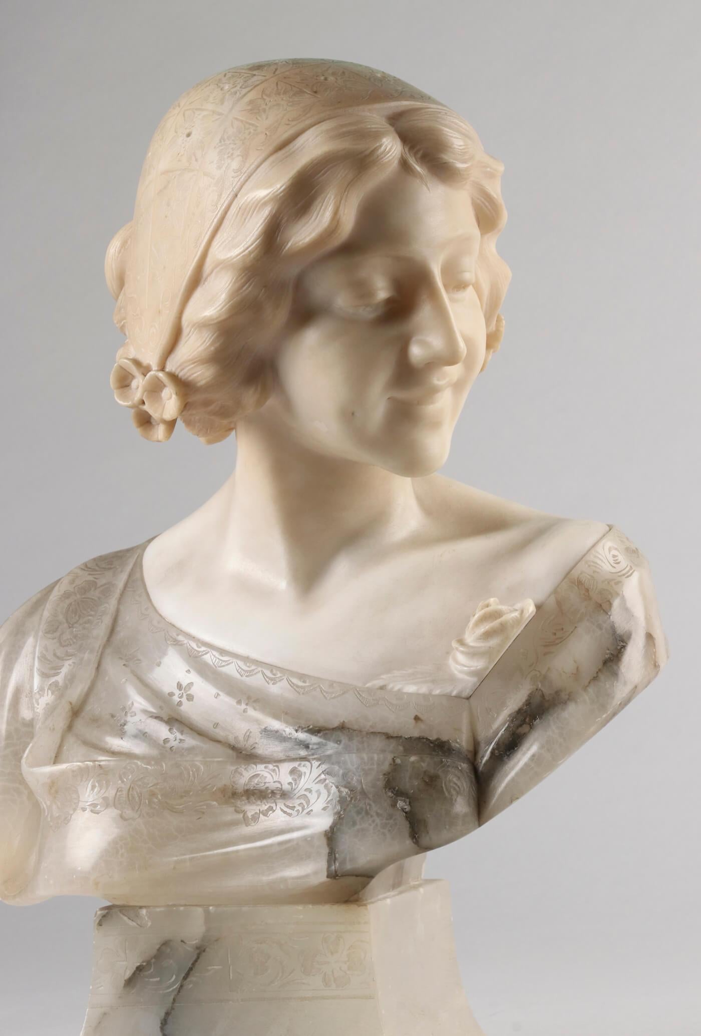 French 19th Century Italian Buste, Alabaster Girl Signed ROSSI
