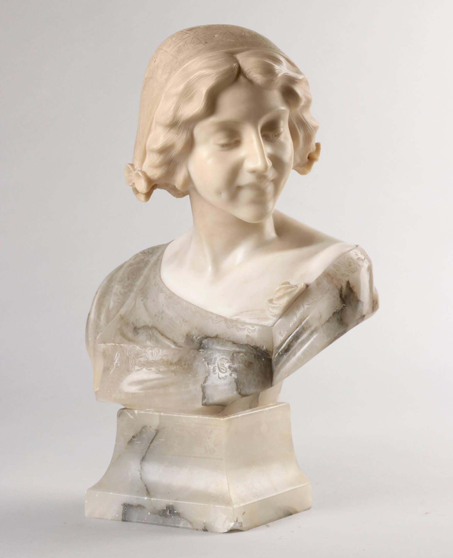 Hand-Carved 19th Century Italian Buste, Alabaster Girl Signed ROSSI