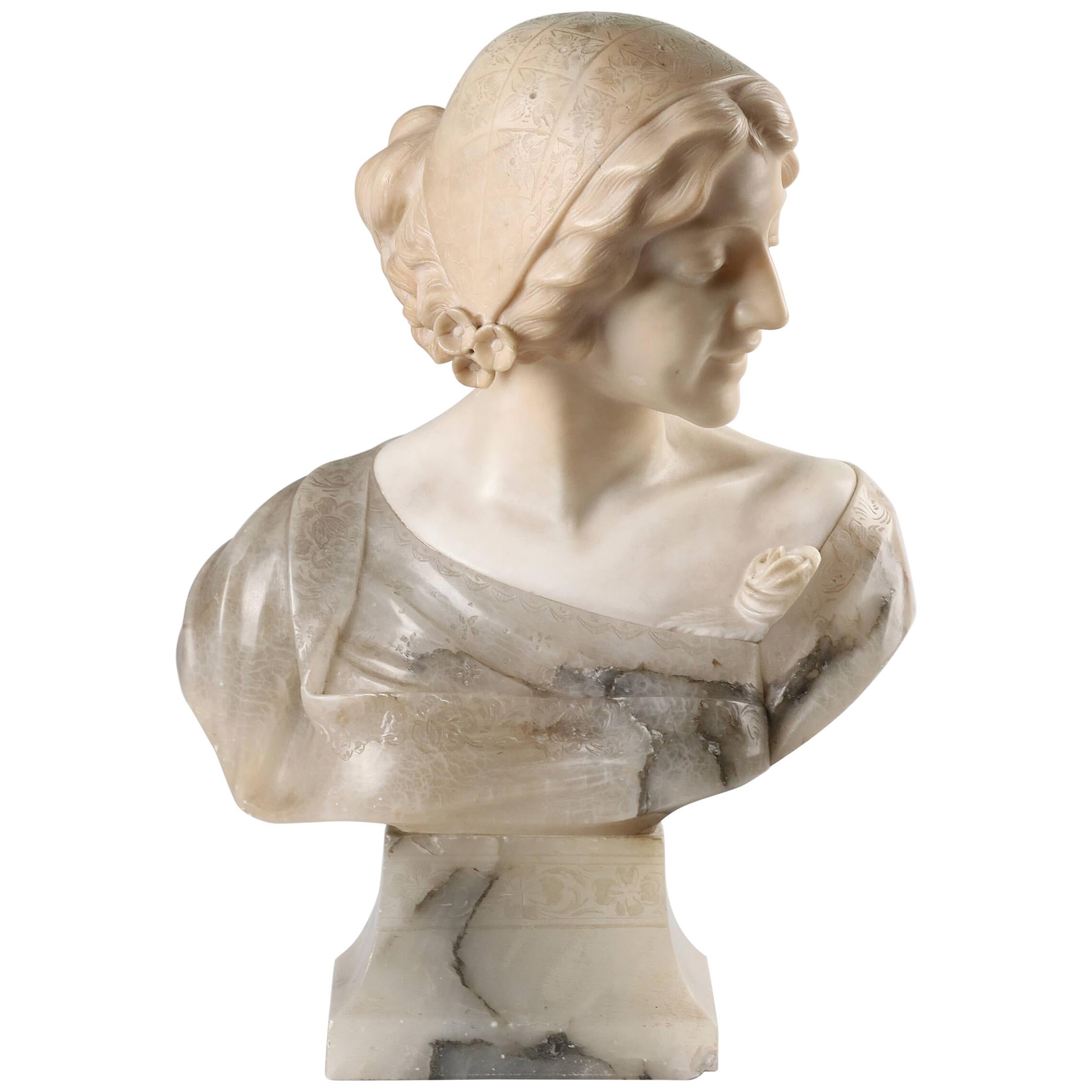 19th Century Italian Buste, Alabaster Girl Signed ROSSI
