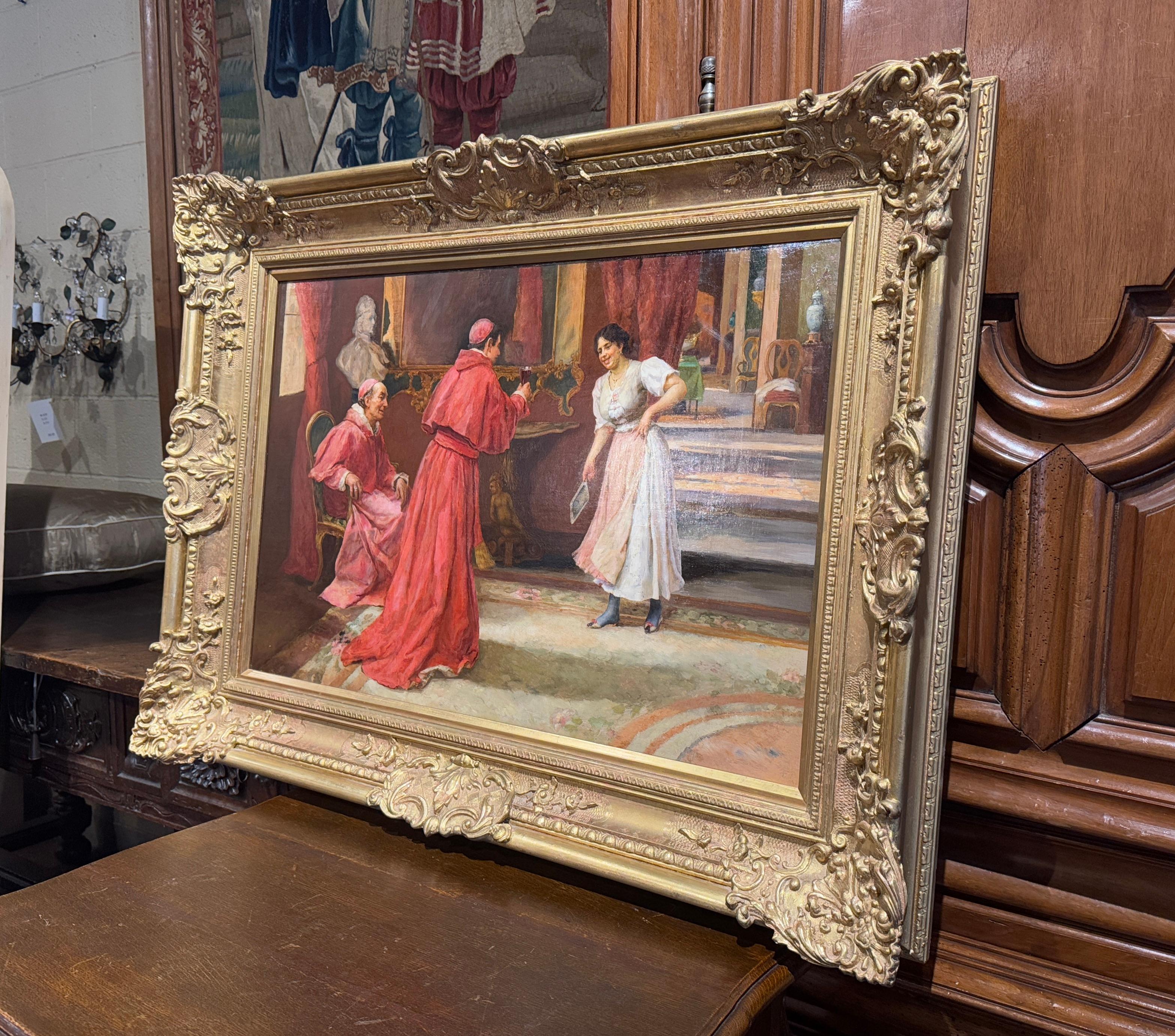 Decorate an office or study with this antique oil on canvas painting. Created in Italy, and signed by the artist Stefano Novo, the painting is set in a highly decorative frame, with intricate floral and scroll motifs; the subject matter depicts an