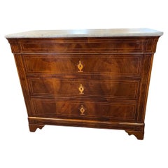 19th Century Italian Carlo X Inlaid Walnut Dresser with White Marble Top