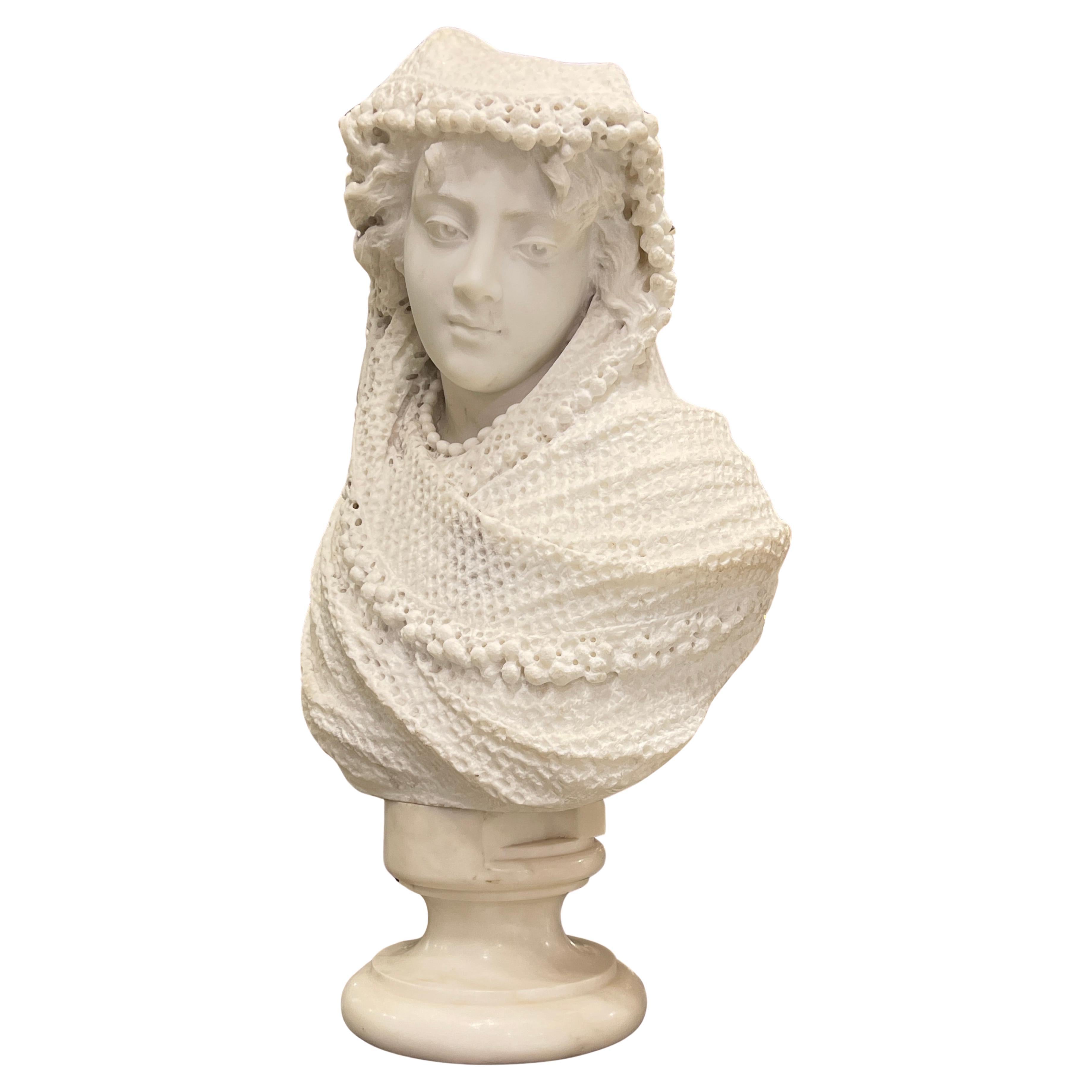 19th Century Italian Carrara Marble Bust Sculpture of Veiled Beauty
