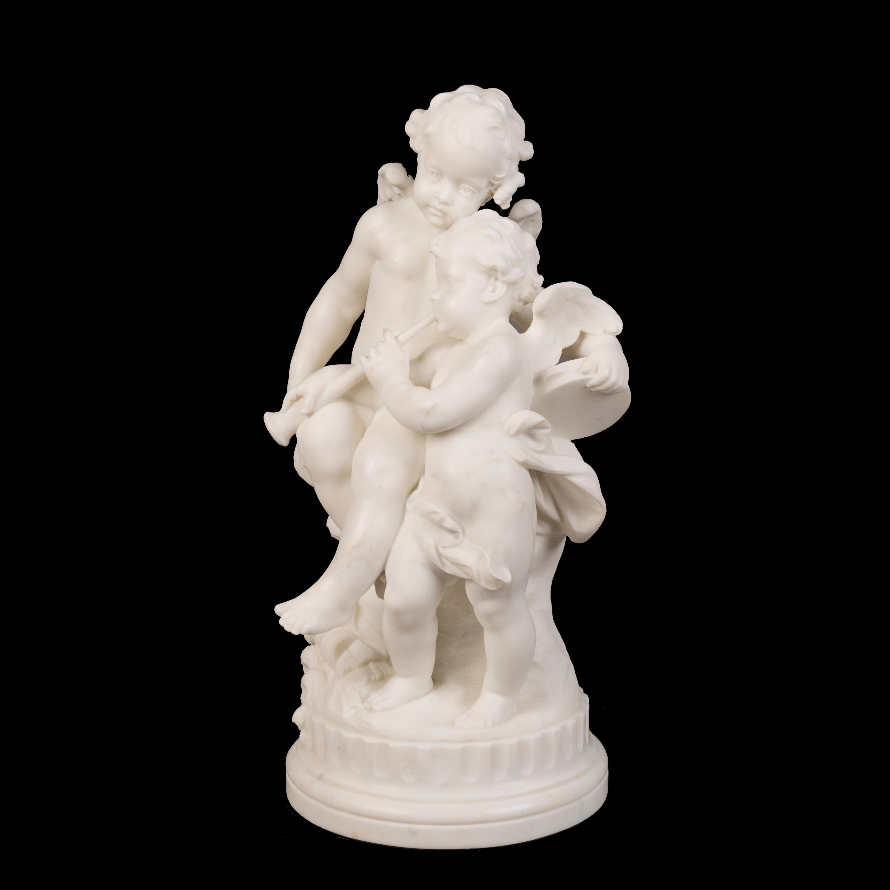 Hand-Carved 19th Century, Italian Carrara Marble Sculpture of Two Putti Cupid & Erato For Sale