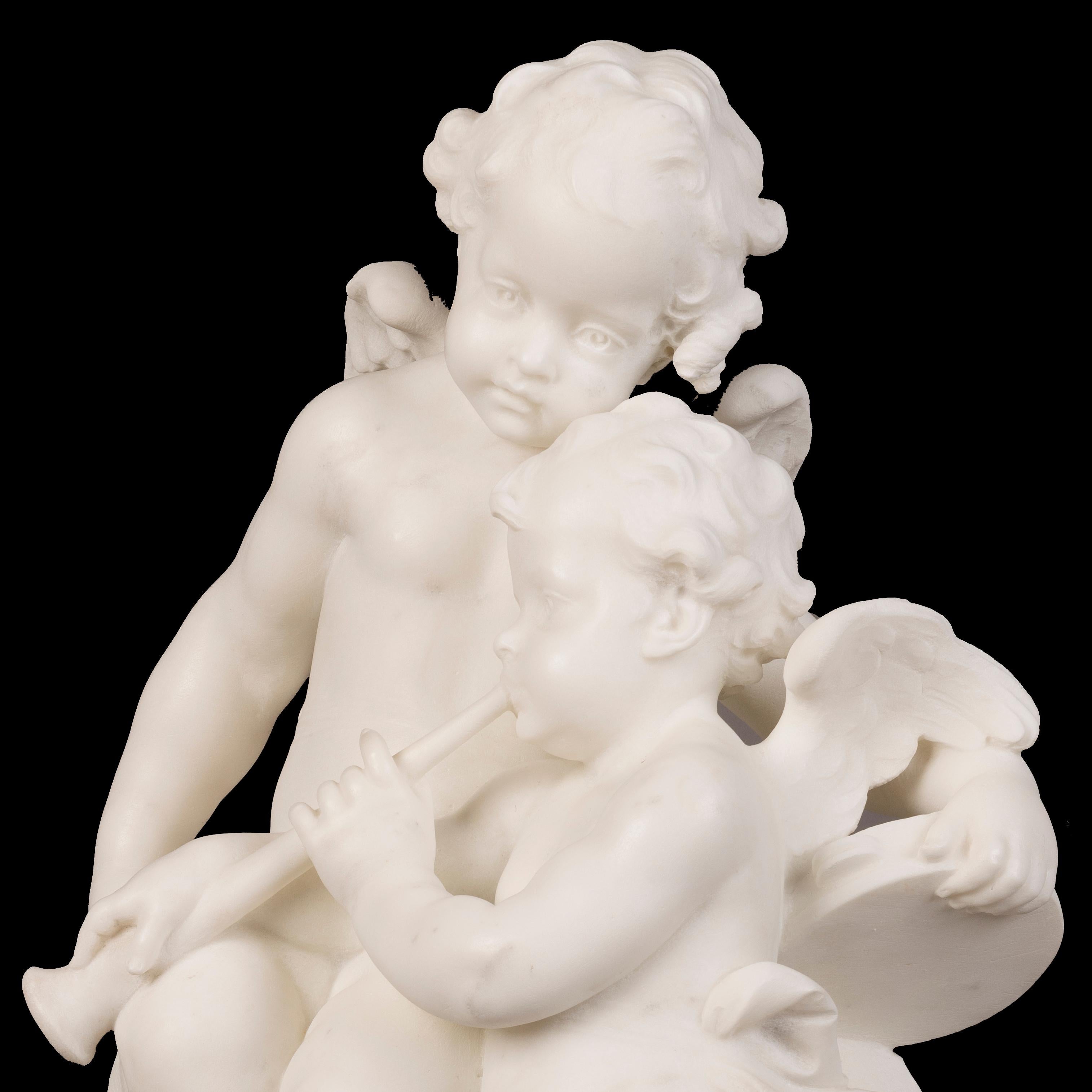 19th Century, Italian Carrara Marble Sculpture of Two Putti Cupid & Erato In Good Condition For Sale In London, GB