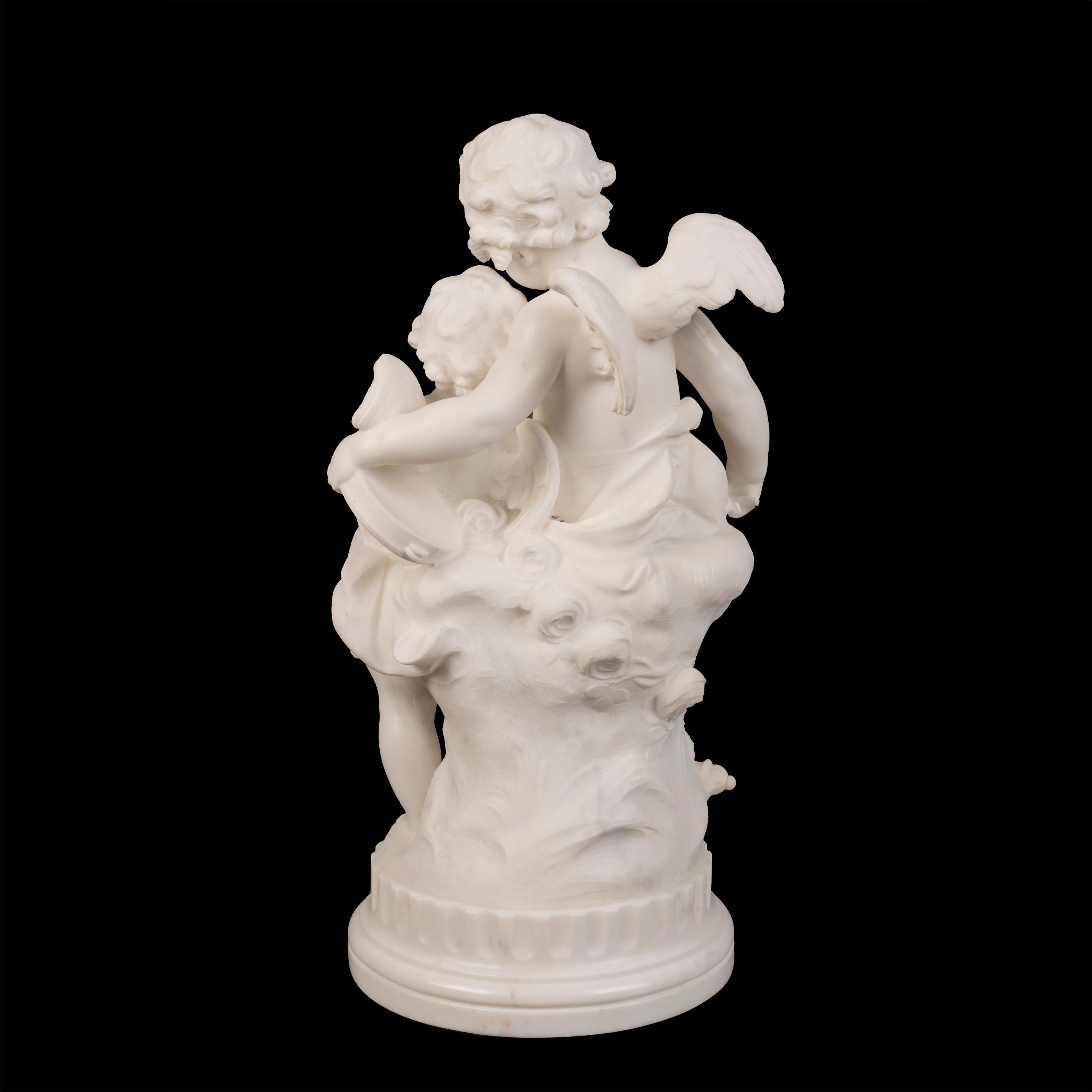 20th Century 19th Century, Italian Carrara Marble Sculpture of Two Putti Cupid & Erato For Sale