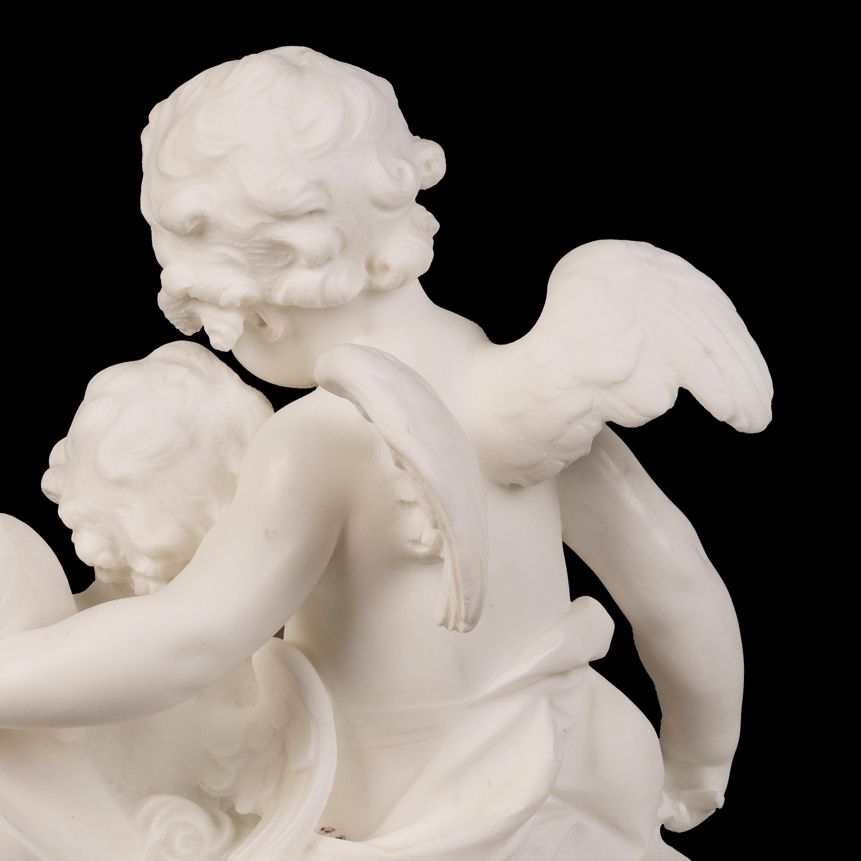 19th Century, Italian Carrara Marble Sculpture of Two Putti Cupid & Erato For Sale 1