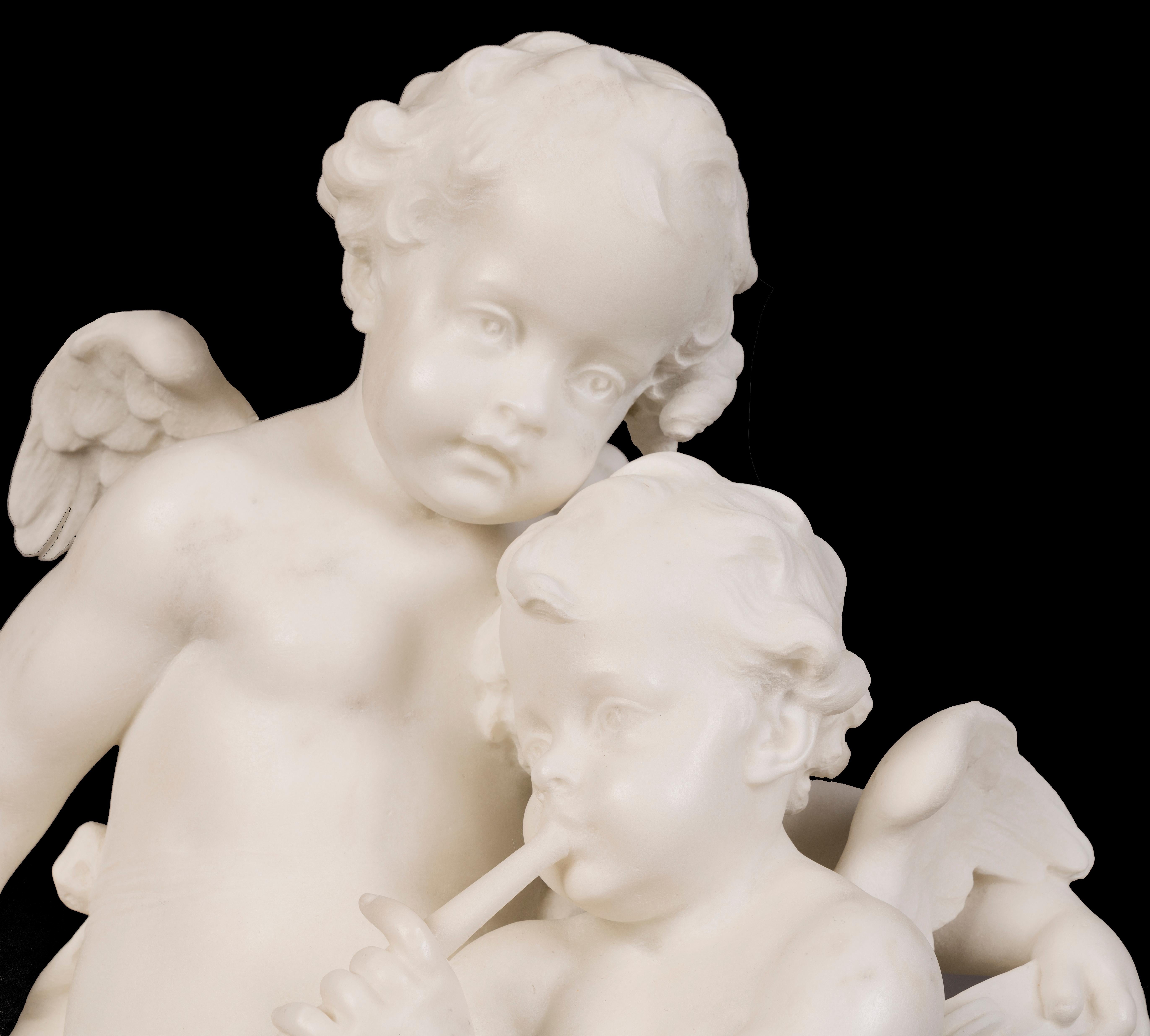 19th Century, Italian Carrara Marble Sculpture of Two Putti Cupid & Erato For Sale 2