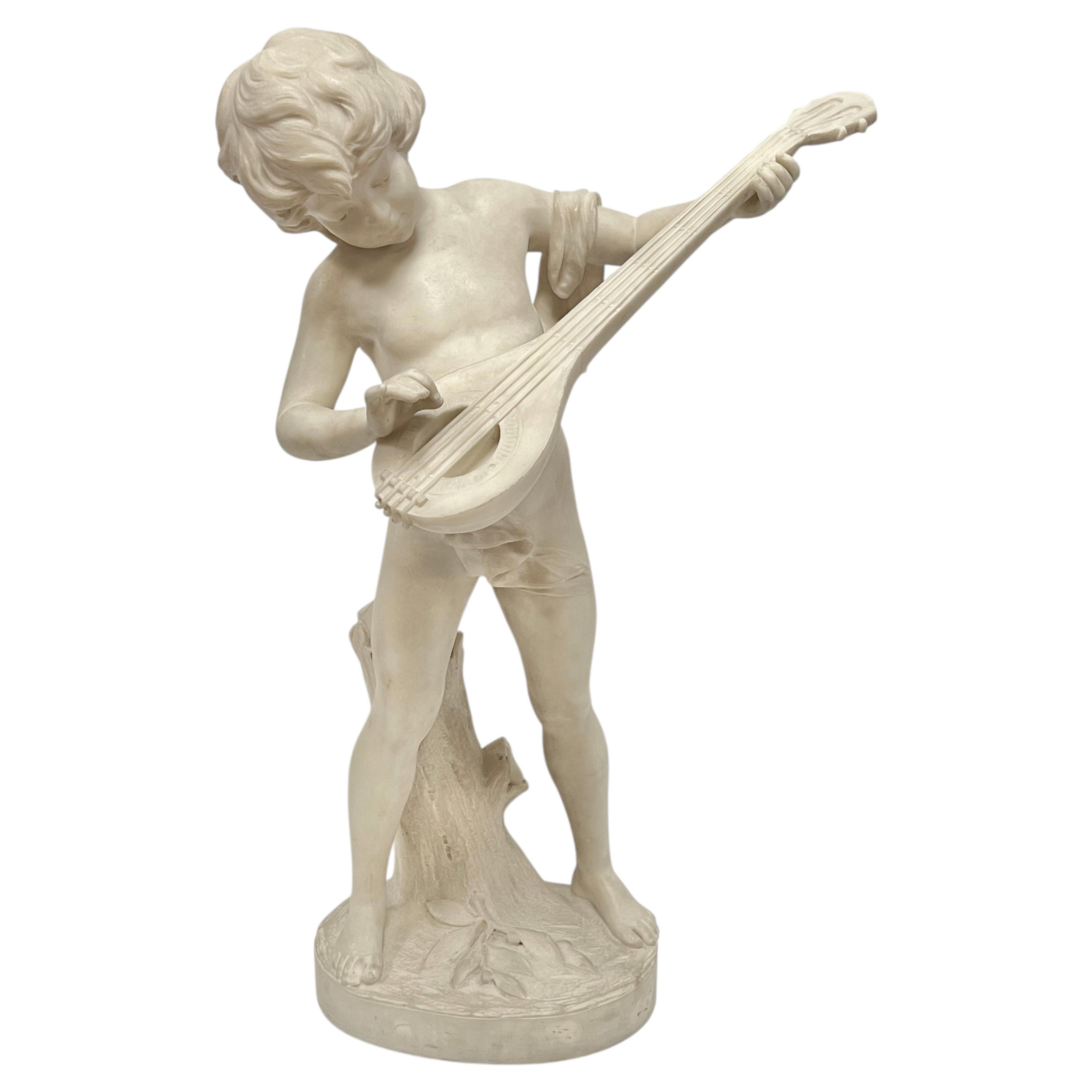 Italian Carrara White Marble Statue of Boy Playing Mandolin by Antonio Piazza