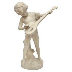 Italian Carrara White Marble Statue of Boy Playing Mandolin by Antonio Piazza