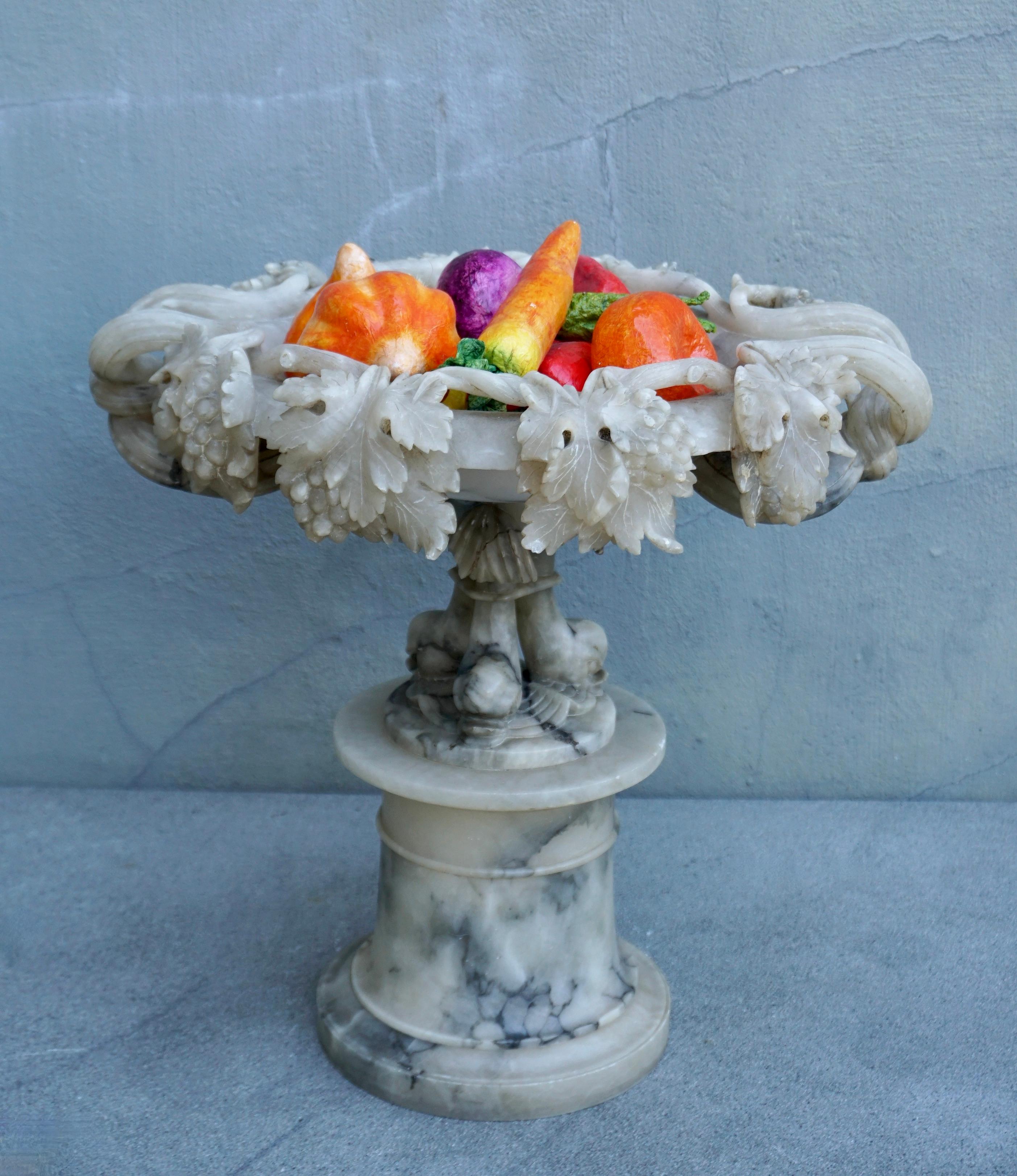 Hand-Crafted 19th Century Italian Carved Alabaster Compote Centerpiece with Dolphins For Sale