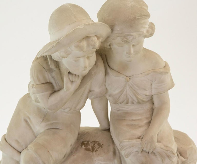 19th Century Italian Carved Alabaster Figure of Boy and Girl For Sale