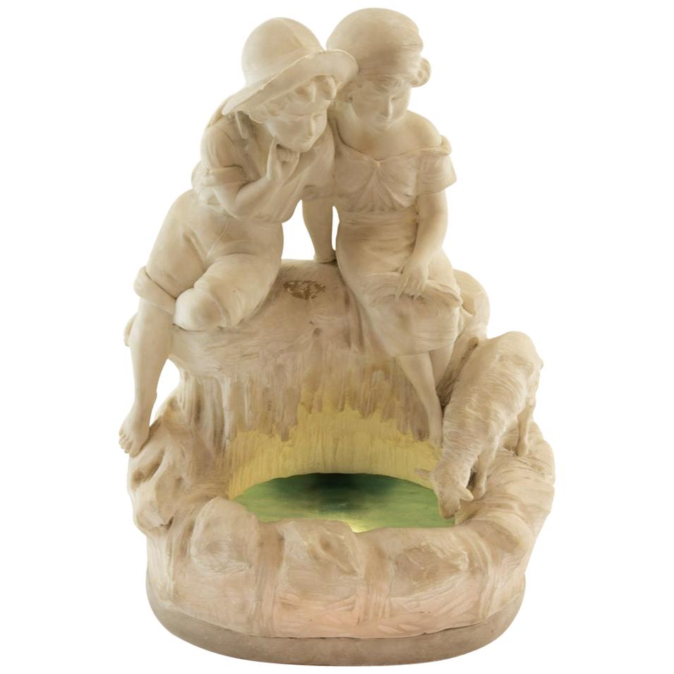 19th Century Italian Carved Alabaster Figure of Boy and Girl For Sale