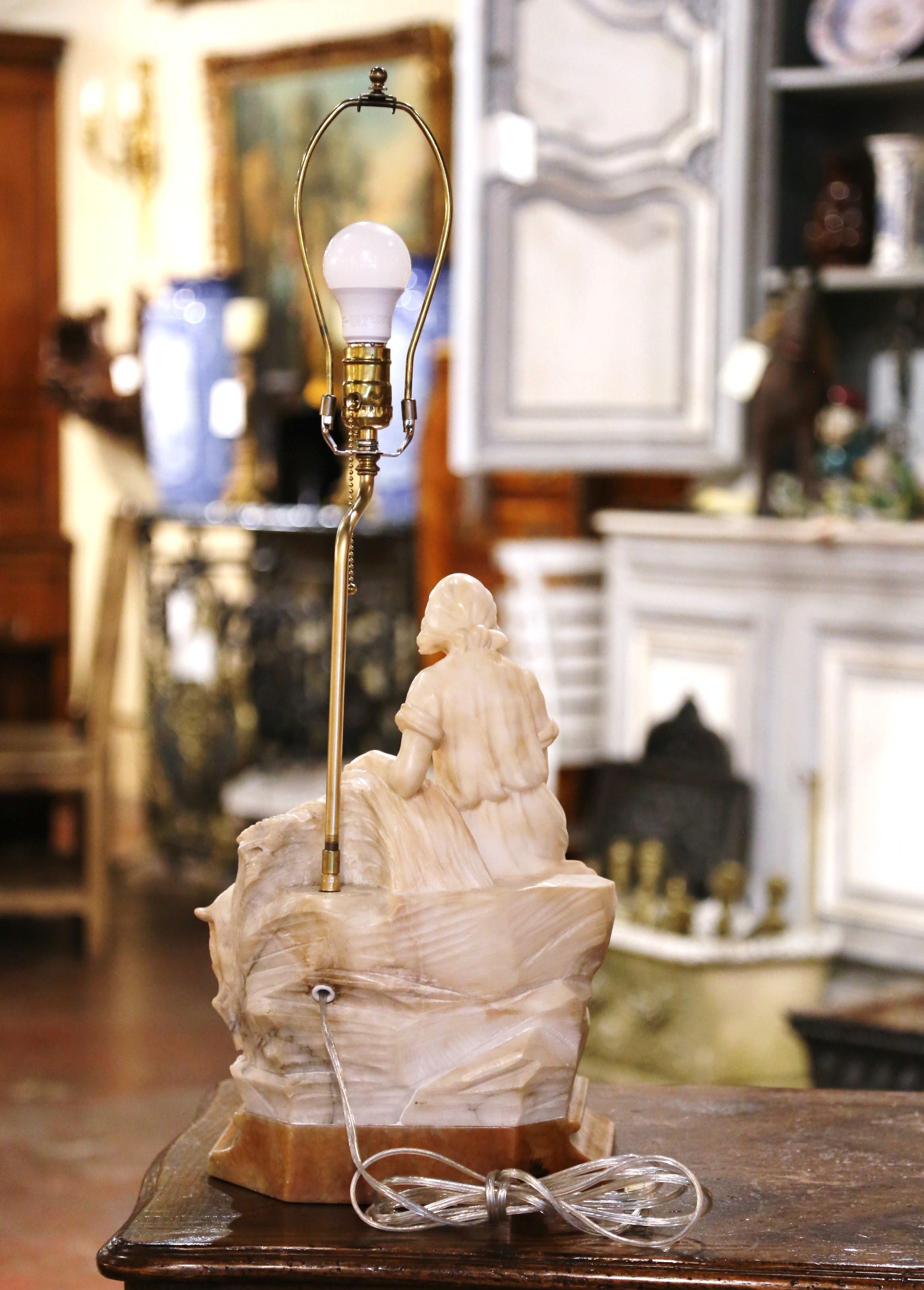  19th-Century Italian Carved Alabaster Lamp on Marble Base Signed R. Colivicchi 3