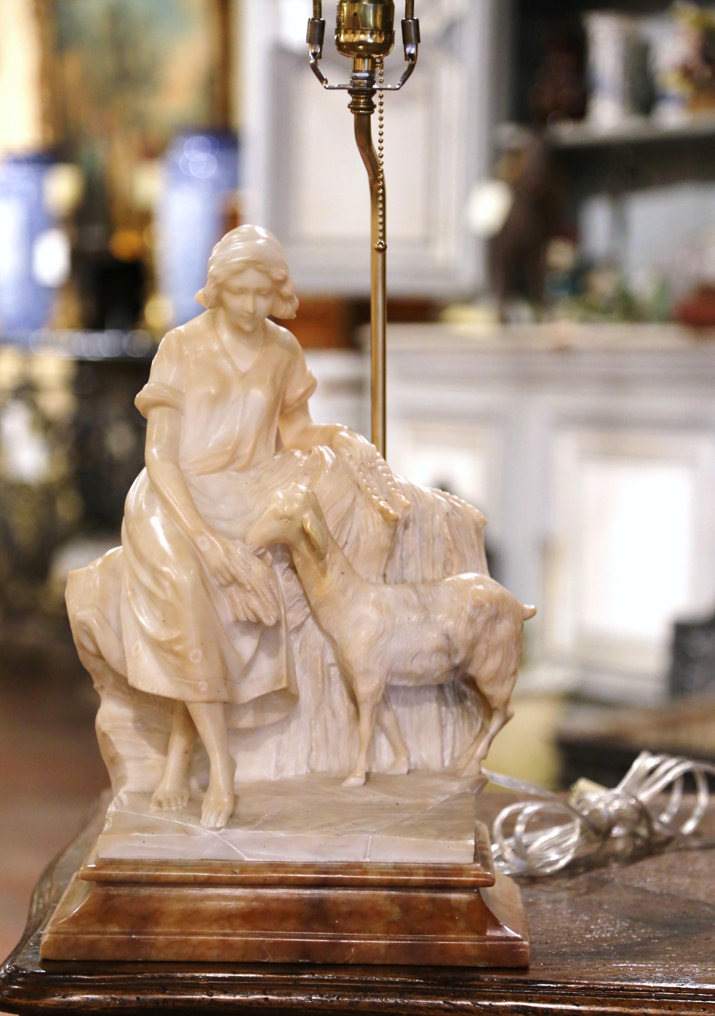 Hand-Crafted  19th-Century Italian Carved Alabaster Lamp on Marble Base Signed R. Colivicchi