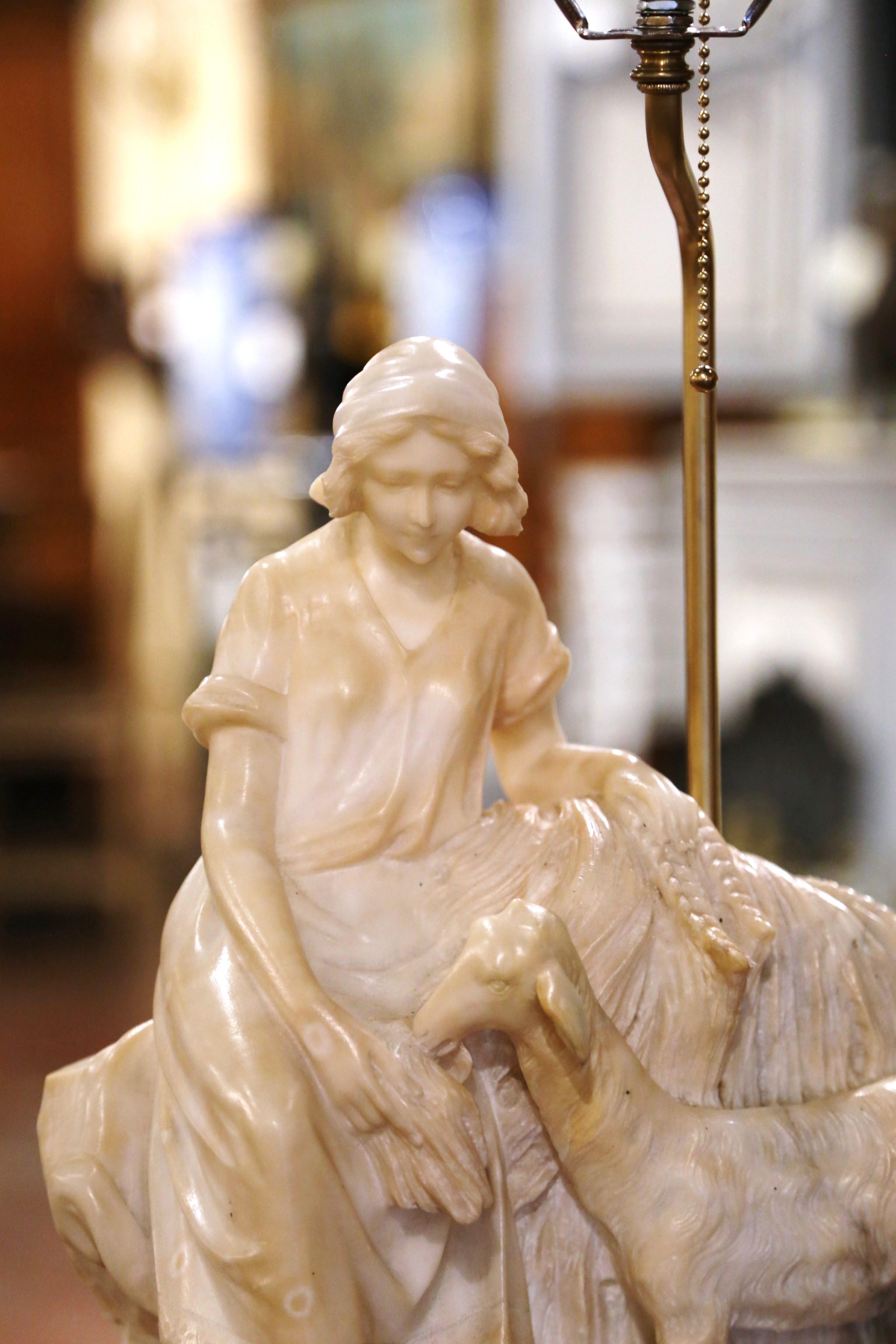 19th Century 19th-Century Italian Carved Alabaster Lamp on Marble Base Signed R. Colivicchi