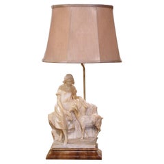 19th-Century Italian Carved Alabaster Lamp on Marble Base Signed R. Colivicchi
