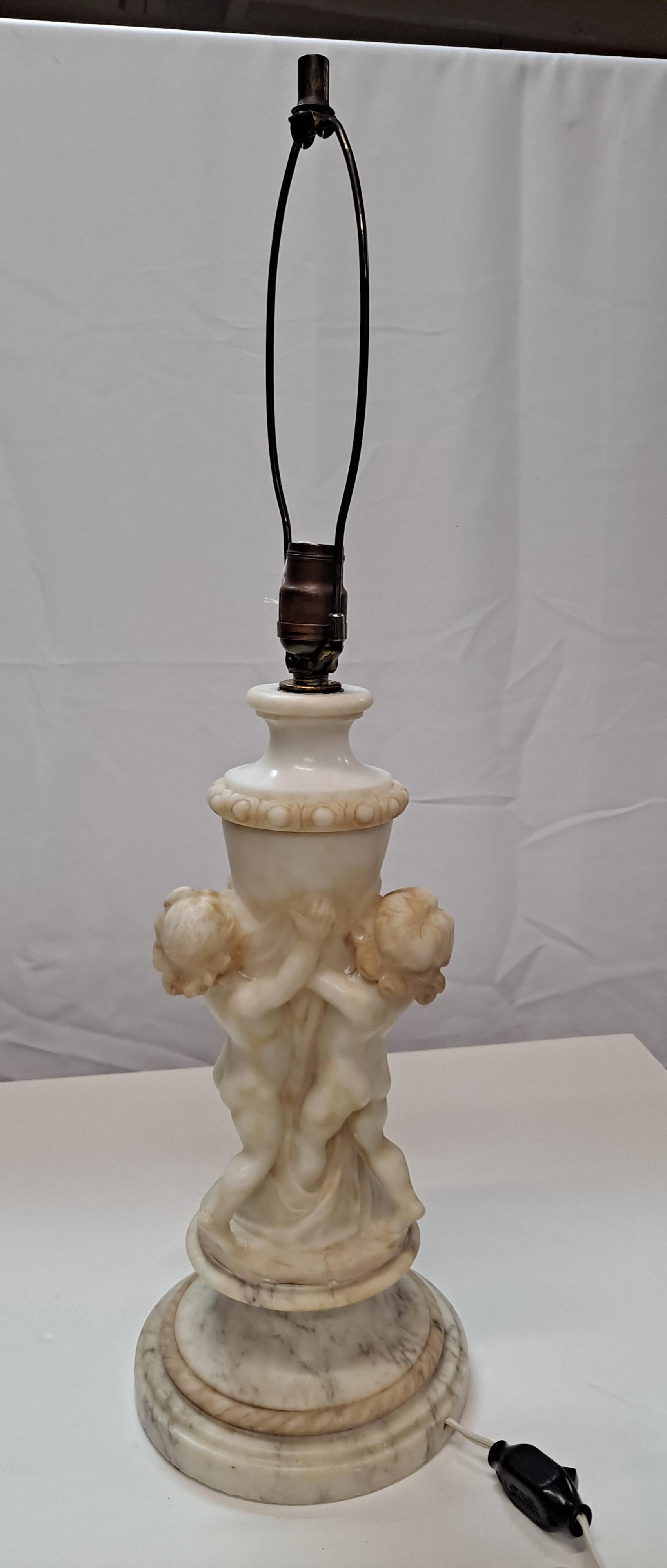 19th century Italian Carved Alabaster Sculpture Lamp with Marble Base  In Good Condition For Sale In San Francisco, CA