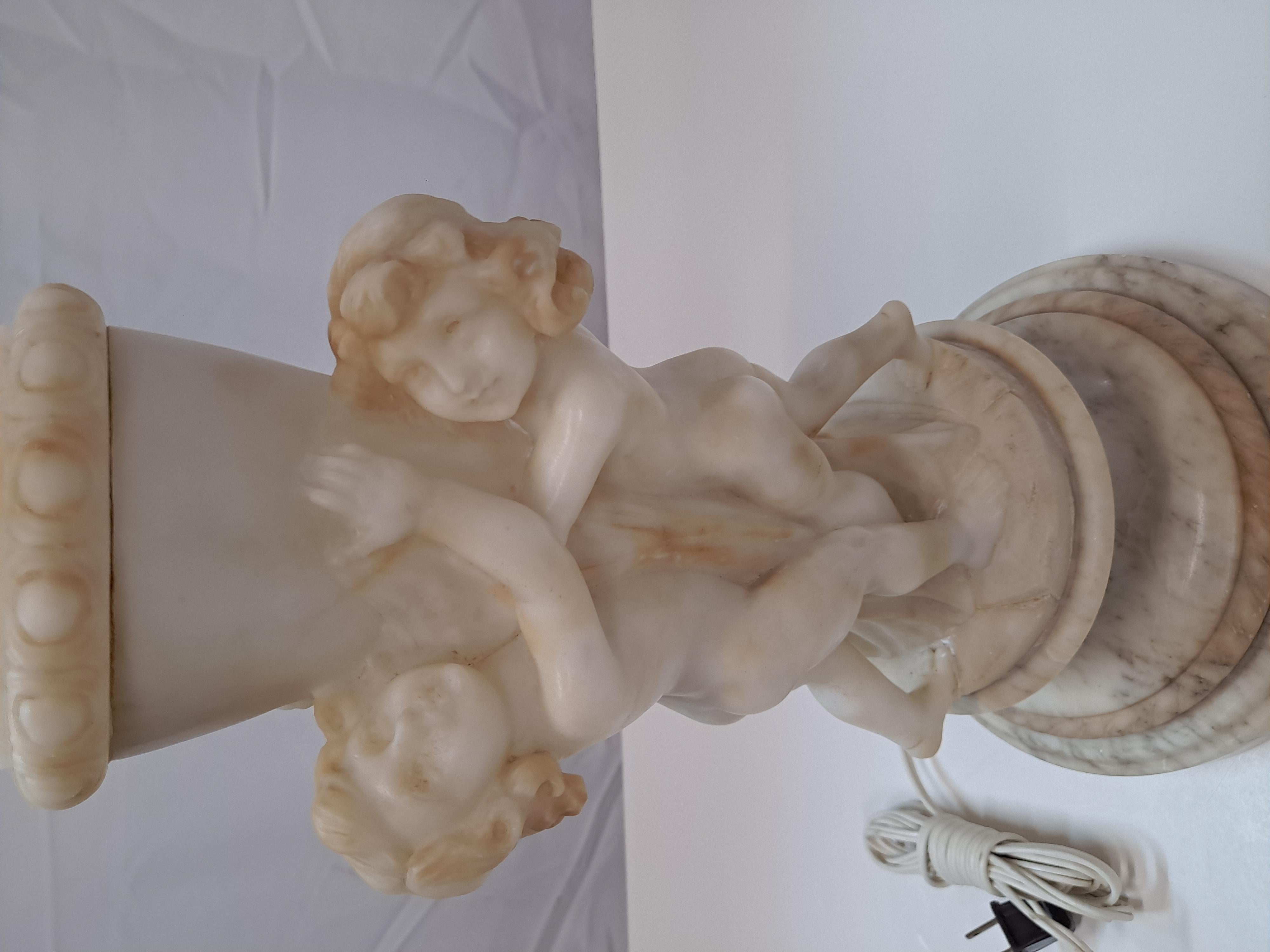 19th century Italian Carved Alabaster Sculpture Lamp with Marble Base  For Sale 1