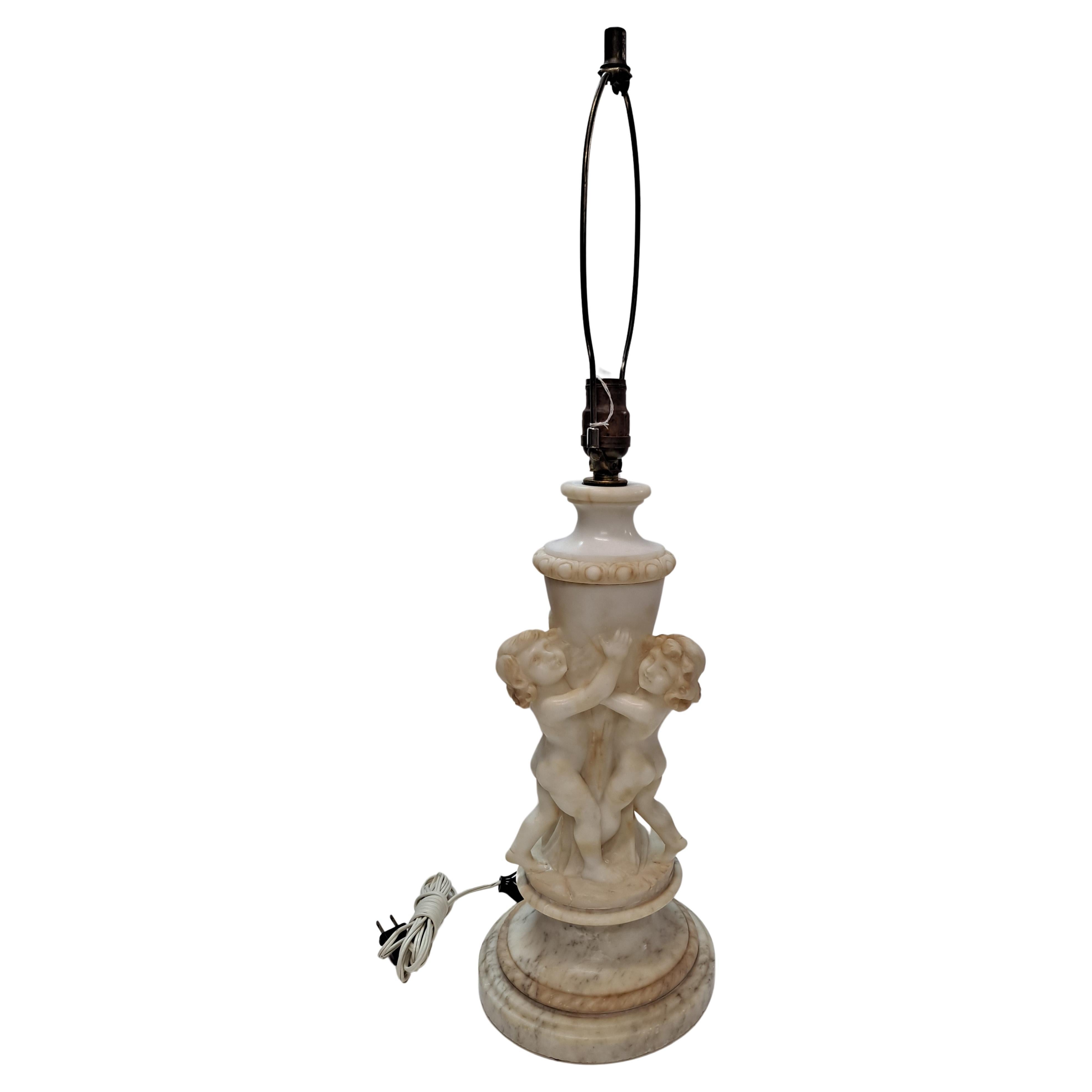 19th century Italian Carved Alabaster Sculpture Lamp with Marble Base  For Sale