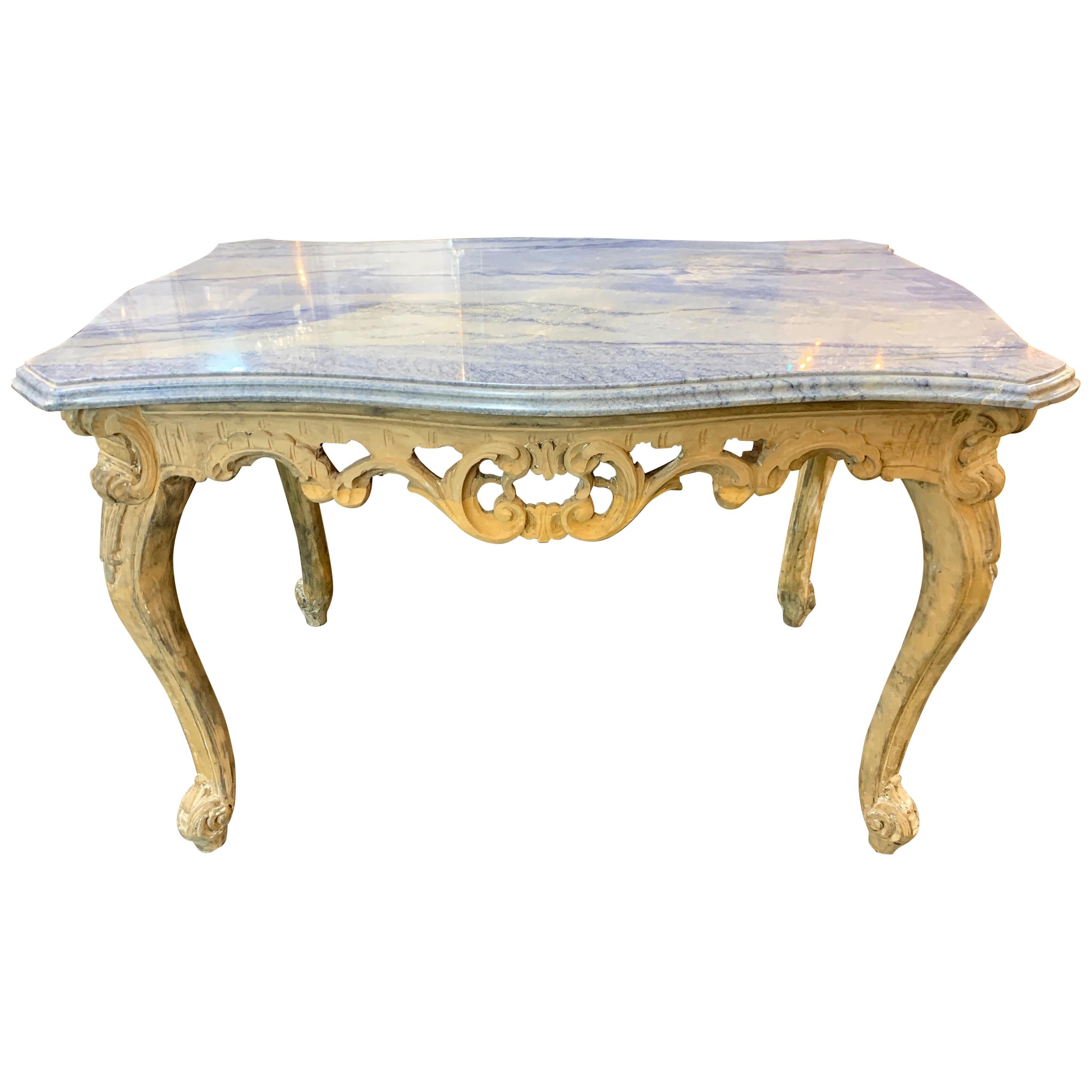 19th Century Italian Carved and Bleached Side Table with Exotic Marble Top