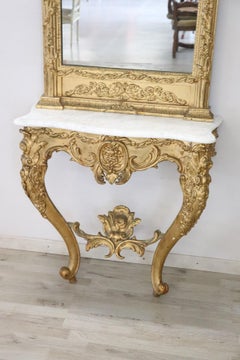19th Century Italian Carved and Gilded Wood Luxury Console Table with Mirror
