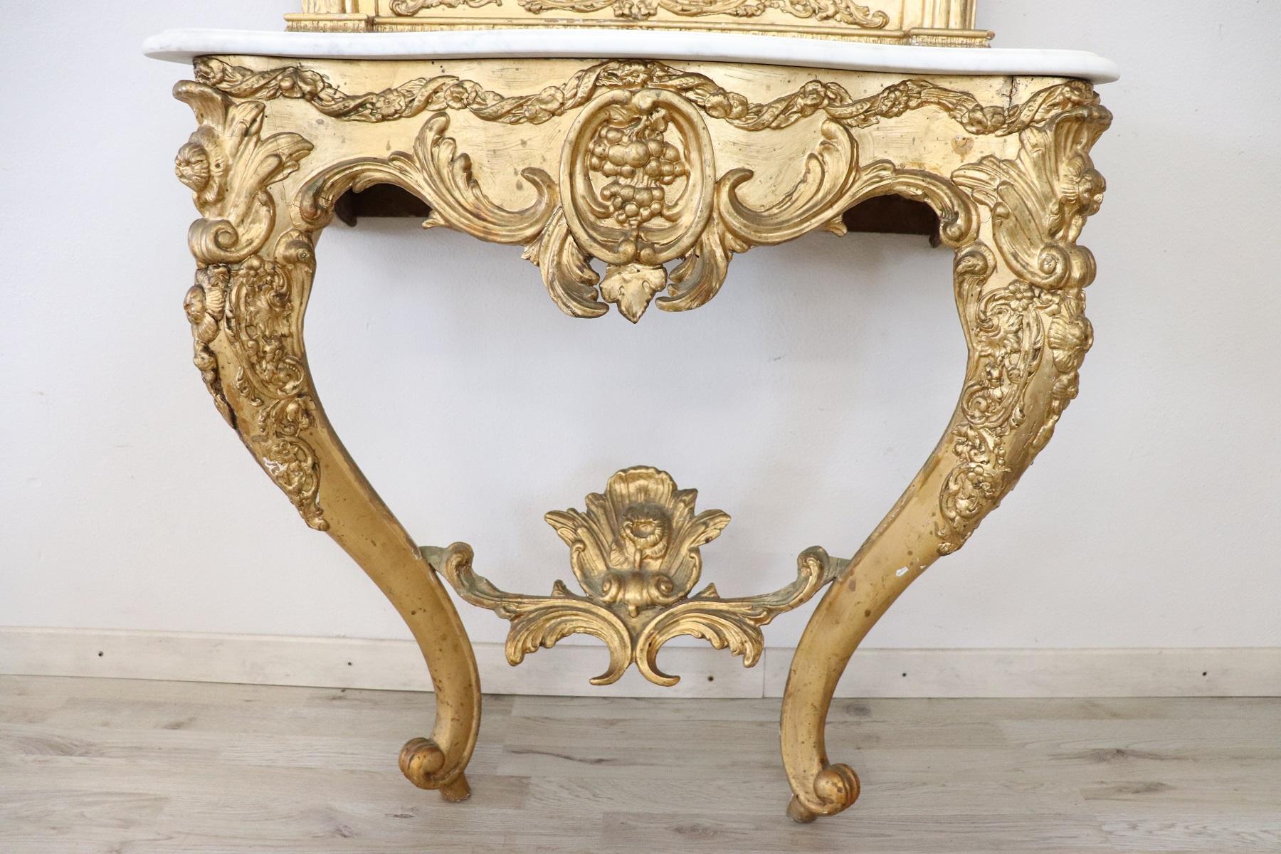 19th Century Italian Carved and Gilded Wood Luxury Console Table with Mirror In Good Condition In Casale Monferrato, IT