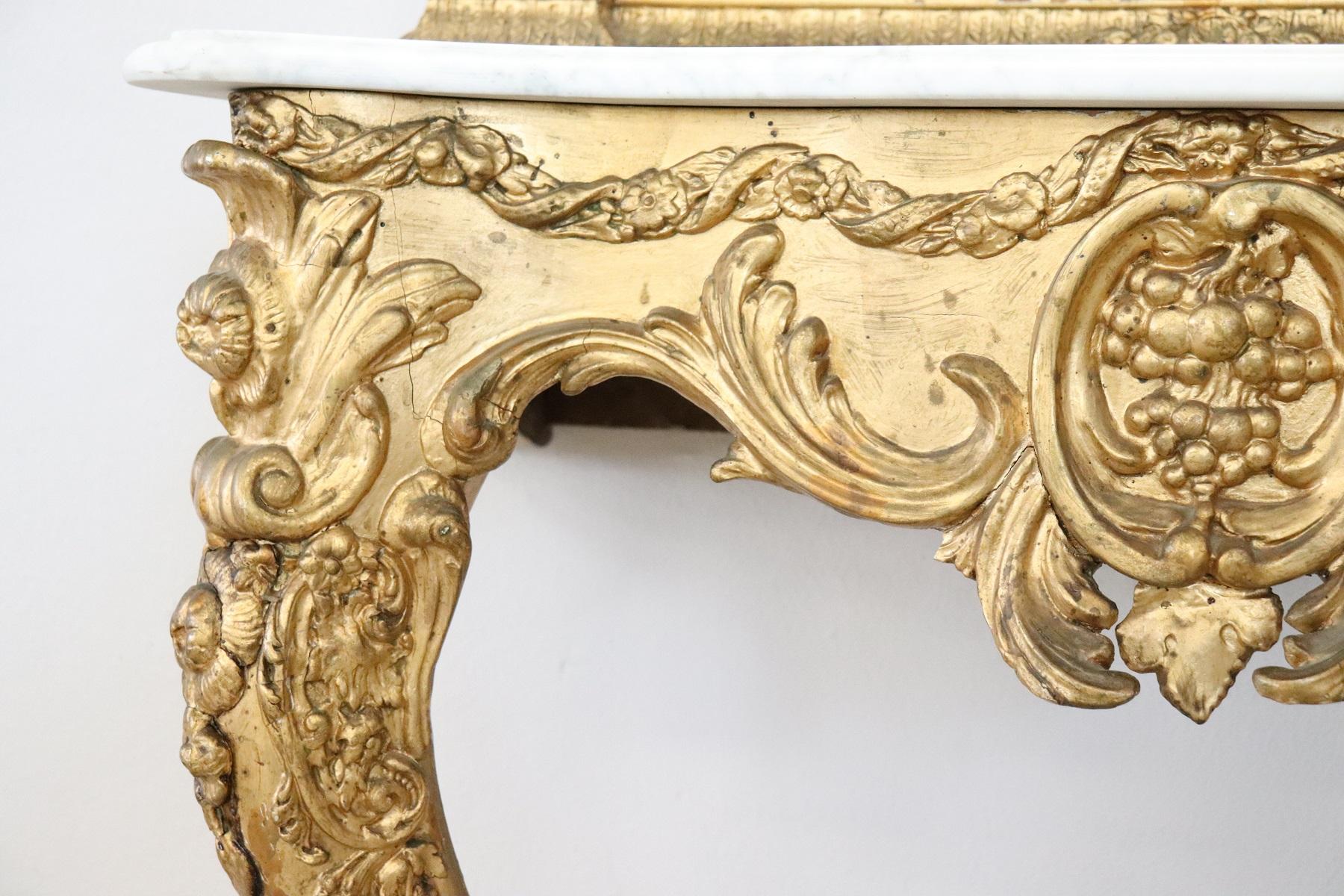 19th Century Italian Carved and Gilded Wood Luxury Console Table with Mirror 1
