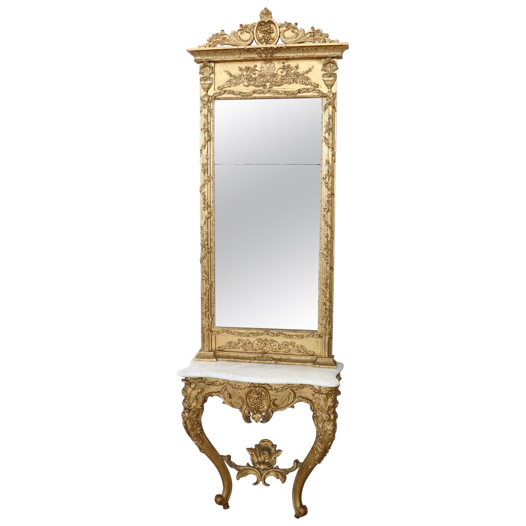 19th Century Italian Carved and Gilded Wood Luxury Console Table with Mirror