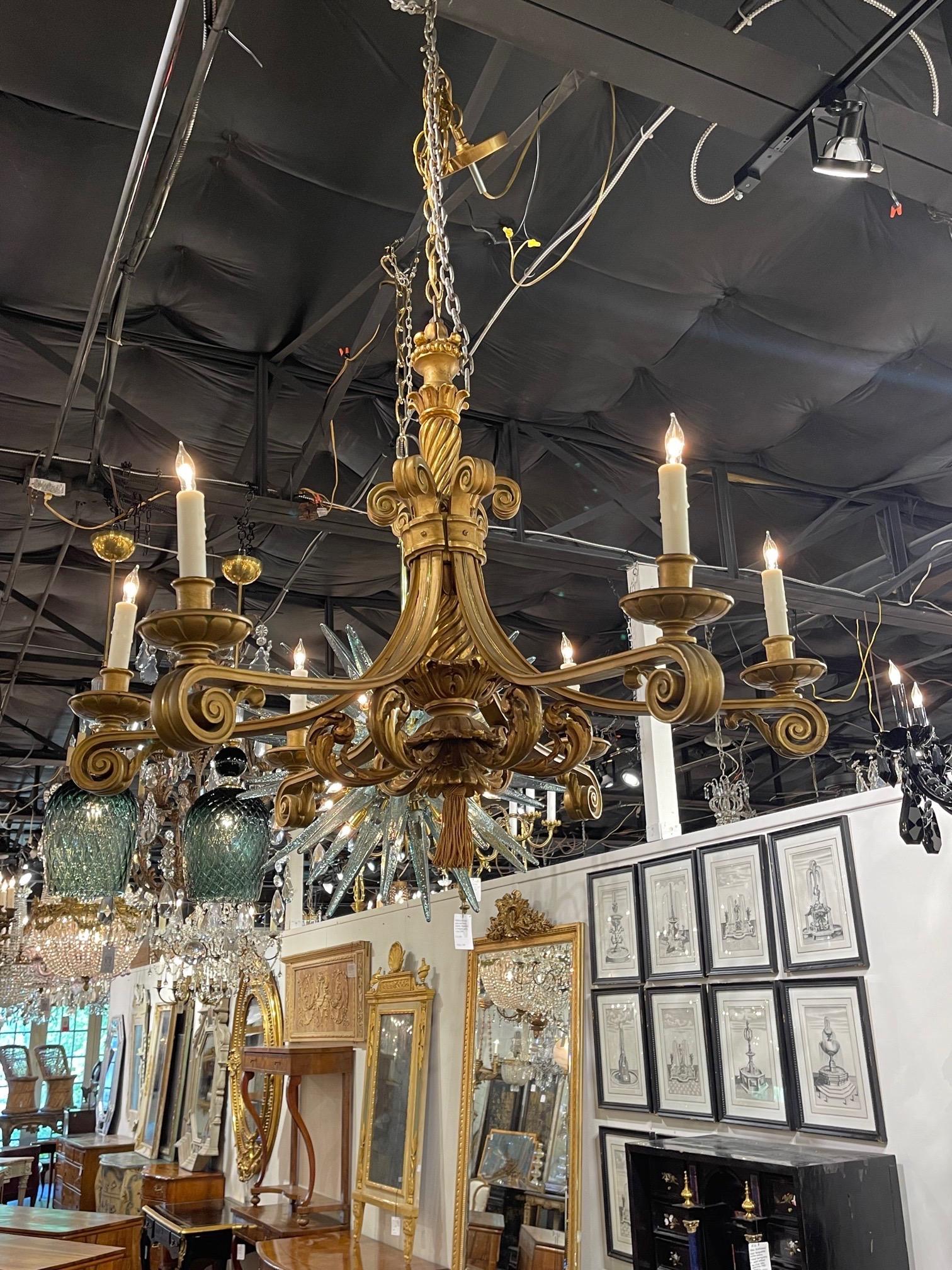 Beautiful 19th century Italian carved and giltwood 6 light chandelier. Very fine carvings make this fixture extra special. So pretty!