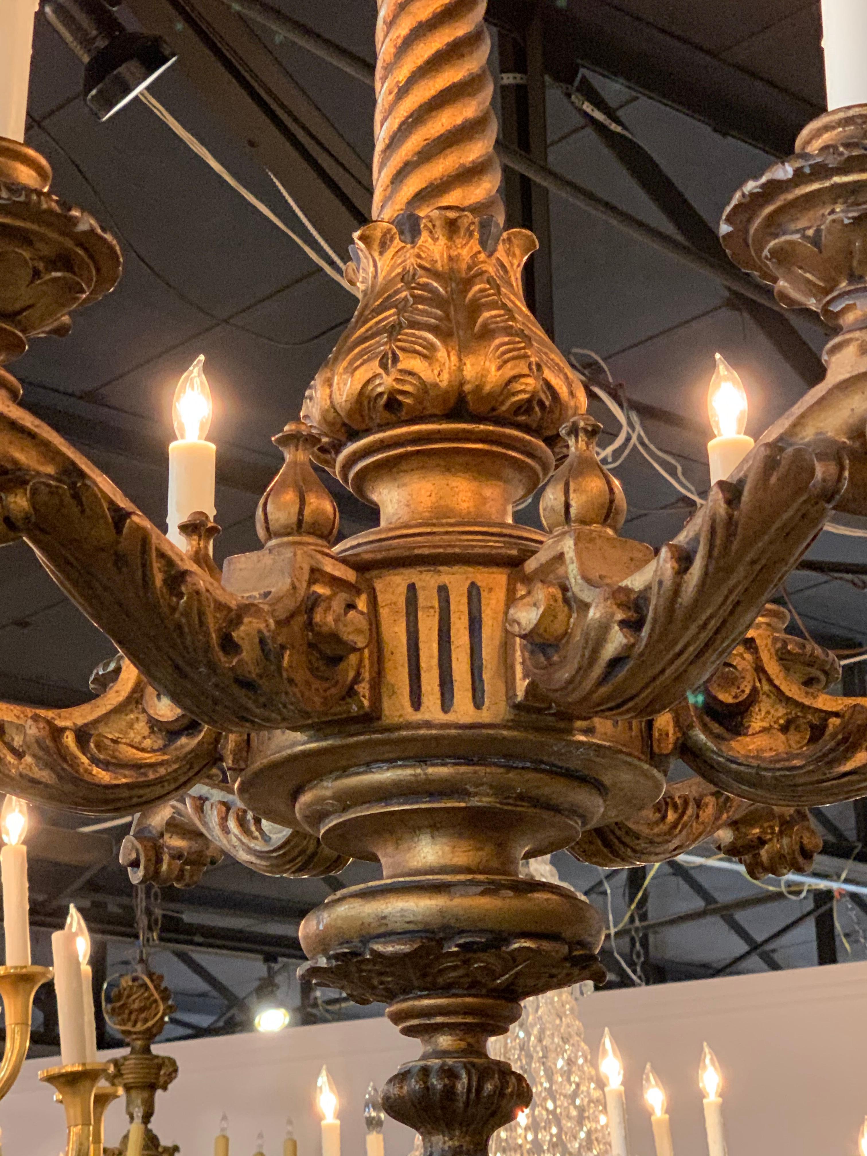 19th Century Italian Carved and Giltwood 6-Light Chandelier For Sale 2